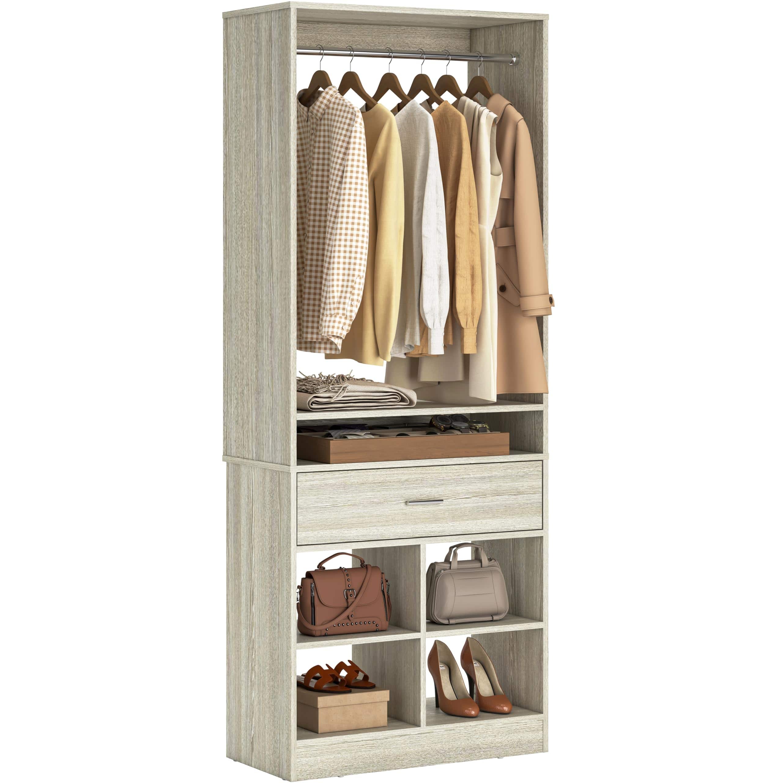 Aheaplus - Freestanding Closet System with 2 Wood Drawers, 4 Cubby Storage & Hanging Rod – 25''W x 80''H Walk-in Wardrobe Organizer - White Oak