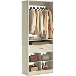 Aheaplus - Freestanding Closet System with 2 Wood Drawers, 4 Cubby Storage & Hanging Rod – 25''W x 80''H Walk-in Wardrobe Organizer - White Oak