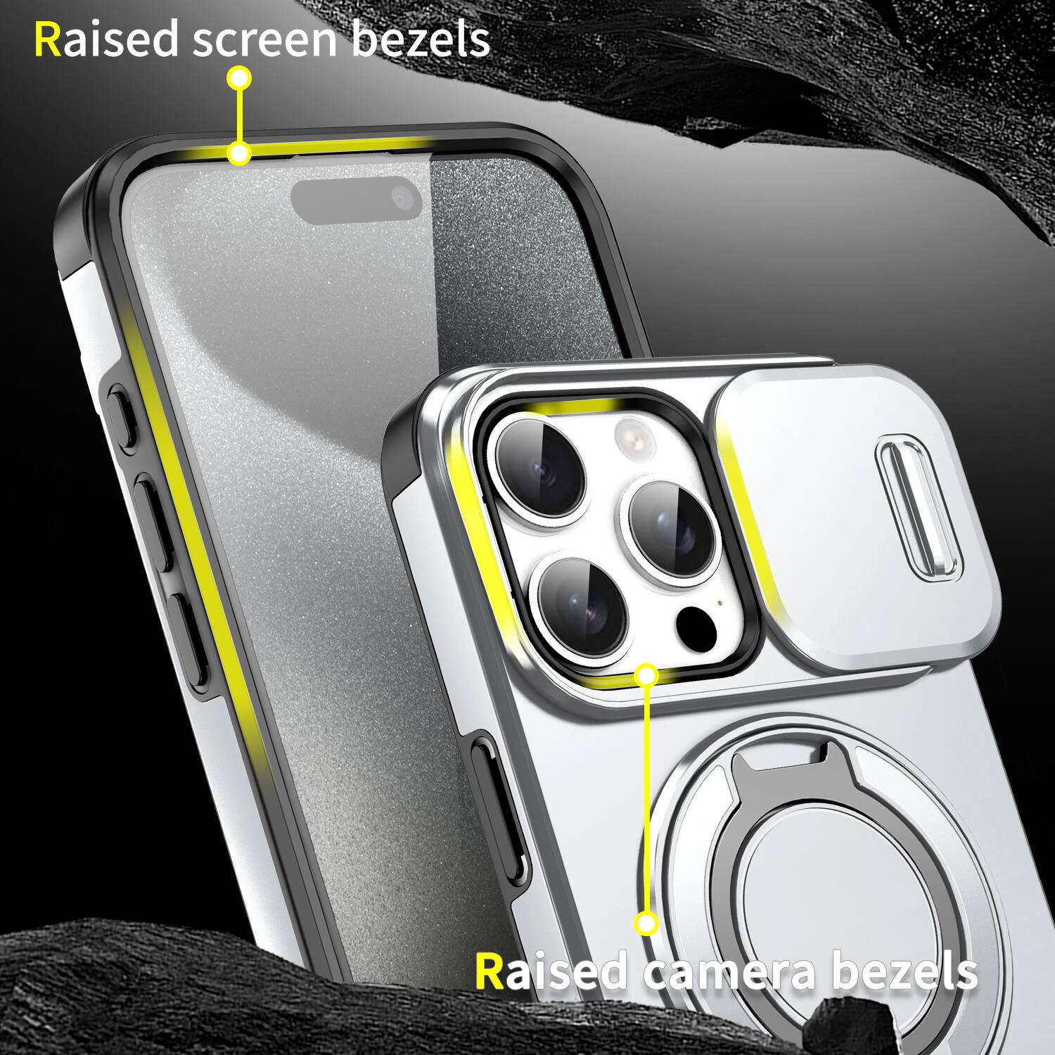 Raised screen bezels  
Raised camera bezels