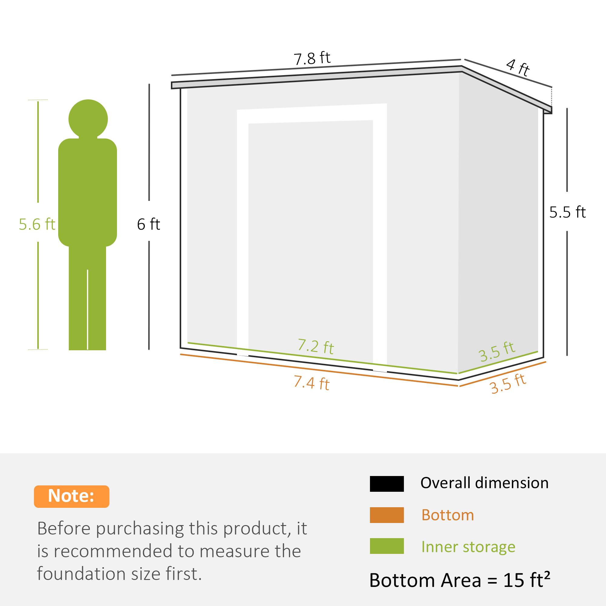 7.8 ft, 4 ft, 5.6 ft, 6 ft, 5.5 ft, 7.2 ft, 7.4 ft, 3.5 ft, 3.5 ft

Note: Before purchasing this product, it is recommended to measure the foundation size first.

Overall dimension
Bottom
Inner storage

Bottom Area = 15 ft²