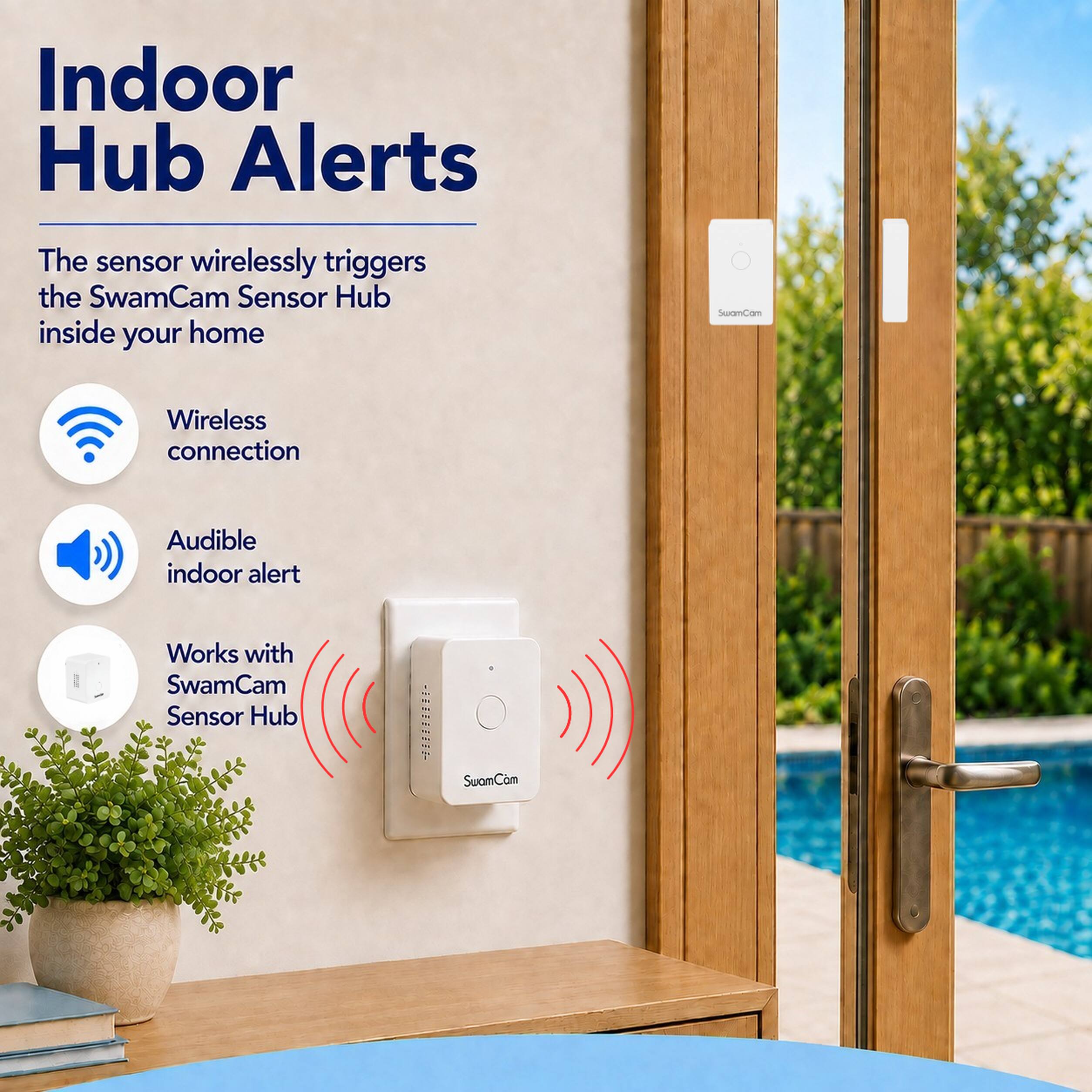 Indoor Hub Alerts

The sensor wirelessly triggers the SwamCam Sensor Hub inside your home

- Wireless connection
- Audible indoor alert
- Works with SwamCam Sensor Hub