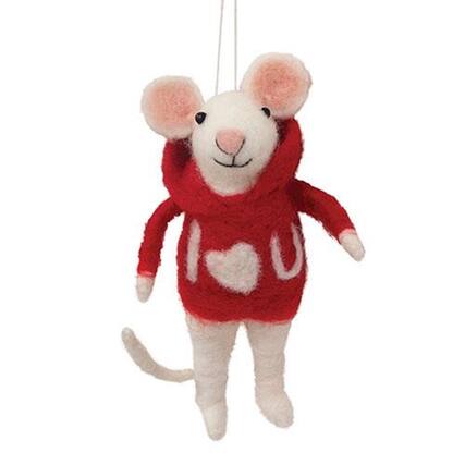 Front. BreeBe - I Heart You Valentine Felted Mouse Ornament - Red, White.
