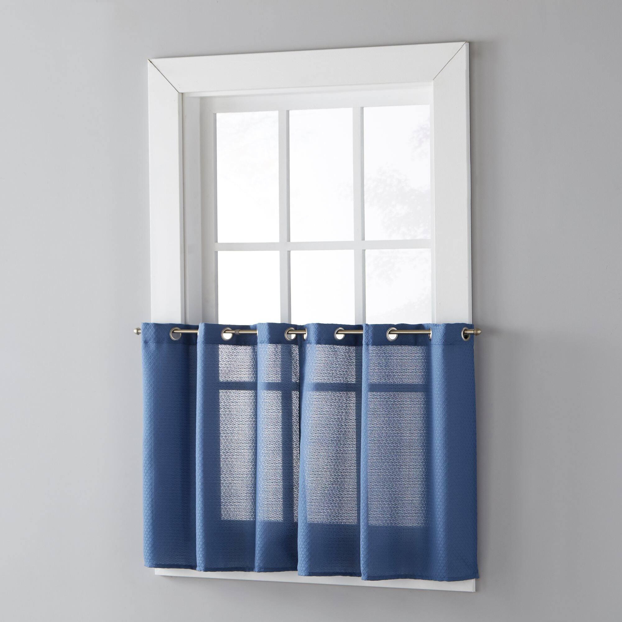 Left. SKL Home - Saturday Knight Ltd Trio 3D Woven Triangle Window Tier - 2 Piece - 56" x 24" Denim Blue - Denim blue.