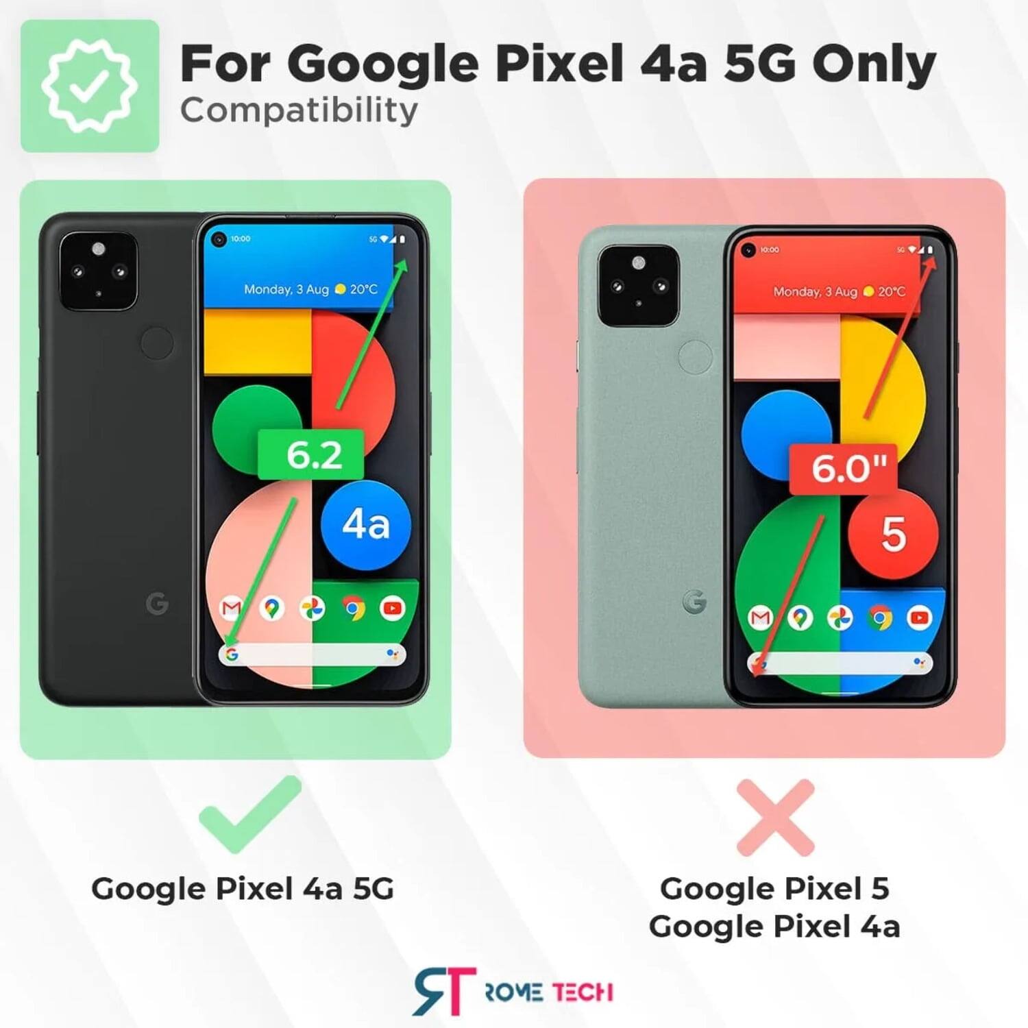 For Google Pixel 4a 5G Only Compatibility

- 10:00 N M - Monday
- 3 Aug 20°C
- 6.2" 4a
- Google Pixel 4a 5G

- 6.0" 5
- Google Pixel 5
- Google Pixel 4a

ROME TECH