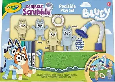 Crayola Scribble Scrubbie Poolsid Play Set
Bluey
3+
Characters:
- Bingo
- Bluey
- Chilli
- Bandit
Features:
- 4 Washable Figures
- Donut Floaty
- 8 Washable Markers
- Pool Tub
- Scrub Brush
- Background Scene
Real Working Pool, for Real Life!
Pool Sprays Water!
Poolside Scrubbie