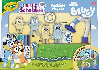 Crayola Scribble Scrubbie Poolsid Play Set  
Bluey  

3+  

Characters:  
- Bingo  
- Bluey  
- Chilli  
- Bandit  

Features:  
- 4 Washable Figures  
- Donut Floaty  
- 8 Washable Markers  
- Pool Tub  
- Scrub Brush  
- Background Scene  

Real Working Pool, for Real Life!  
Pool Sprays Water!  

Poolside Scrubbie