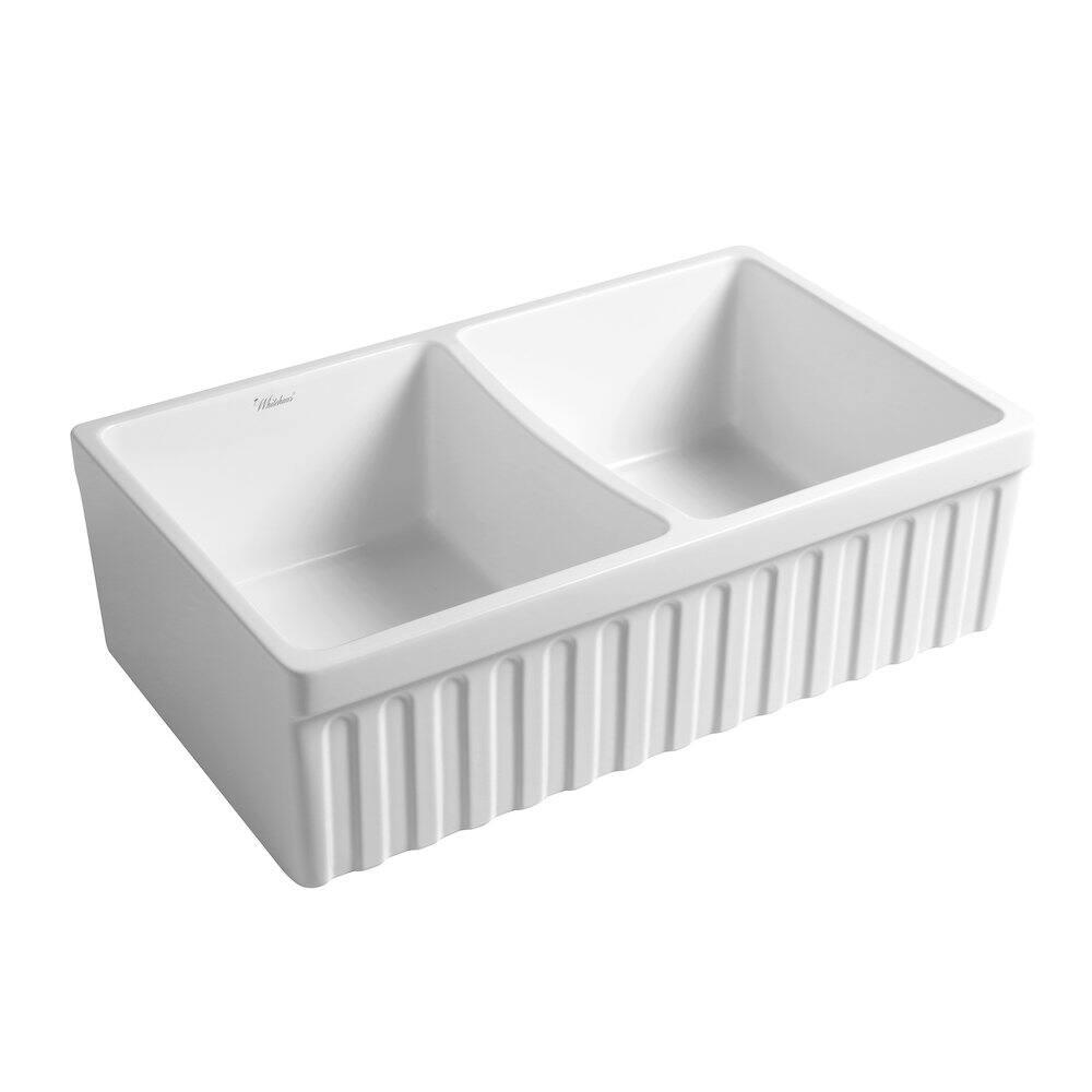 Angle. Whitehaus - Farmhaus Fireclay Quatro Alcove Reversible Double Bowl Sink - White.