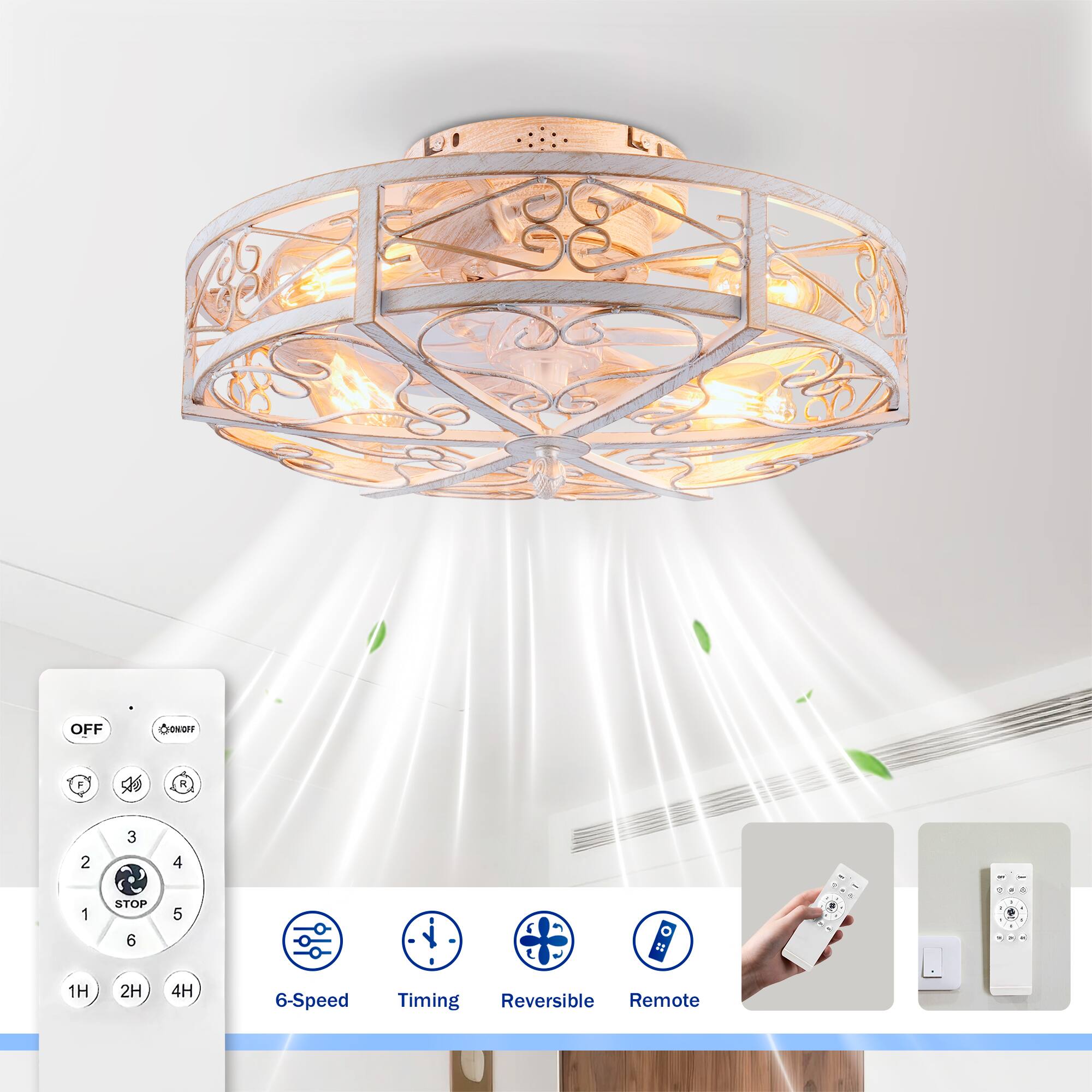 Sofucor - 20'' Rustic Caged Flush Mount Ceiling Fan w/Lights & Remote Vintage Bladeless Ceiling Fan Reversible Farmhouse Bedroom - Retro White