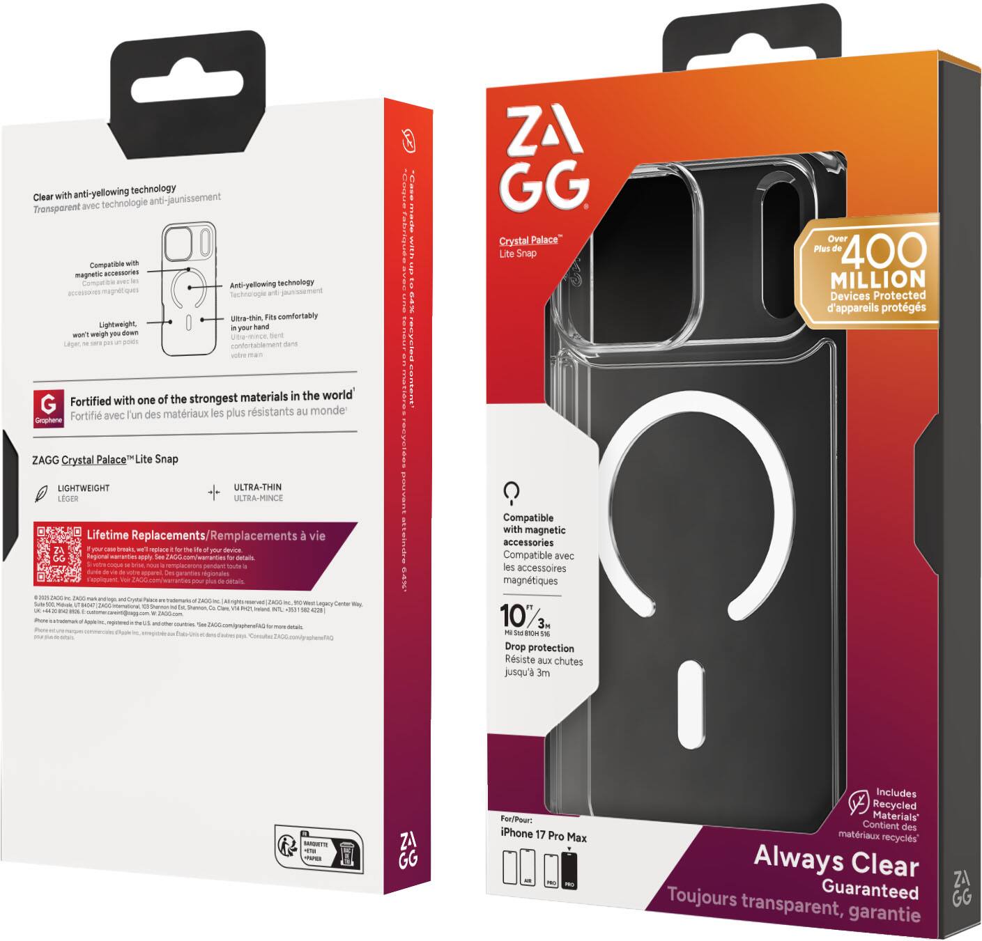 - Clear with anti-yellowing technology  
  Transparence avec technologie anti-janissement

- Compatible with magnetic accessories  
  Compatible avec les accessoires magnétiques

- Lightweight, won't weigh you down  
  Léger, ne vous pèsera pas

- Ultra-thin, fits comfortably in your hand  
  Ultra-fin, se glisse confortablement dans votre main

- Fortified with one of the strongest materials in the world  
  Fortifié avec l'un des matériaux les plus résistants au monde

- Lifetime Replacements/Remplacements à vie

- Over 400 MILLION Devices Protected  
  Plus de 400 MILLION d'appareils protégés

- 10% Drop protection  
  Résiste aux chutes jusqu'à 10%

- Includes Recycled Materials  
  Contient des matériaux recyclés

- Always Clear  
  Toujours transparent, garantie