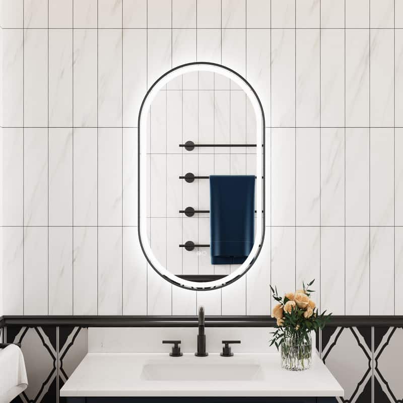 "WELLFOR - 20"" x 36"" Oval Framed LED Bathroom Vanity Mirror with Anti-Fog, Wall-Mounted Bathroom Mirror with Front and Backlit LED - Matte Black" price history on PriceWatchPro