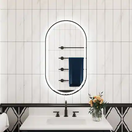 Front. WELLFOR - 20" x 36" Oval Framed LED Bathroom Vanity Mirror with Anti-Fog, Wall-Mounted Bathroom Mirror with Front and Backlit LED - Matte Black.