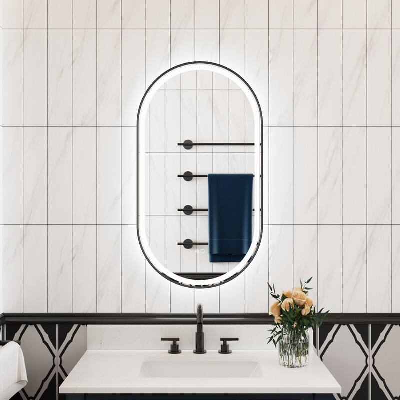 Front. WELLFOR - 20" x 36" Oval Framed LED Bathroom Vanity Mirror with Anti-Fog, Wall-Mounted Bathroom Mirror with Front and Backlit LED - Matte Black.