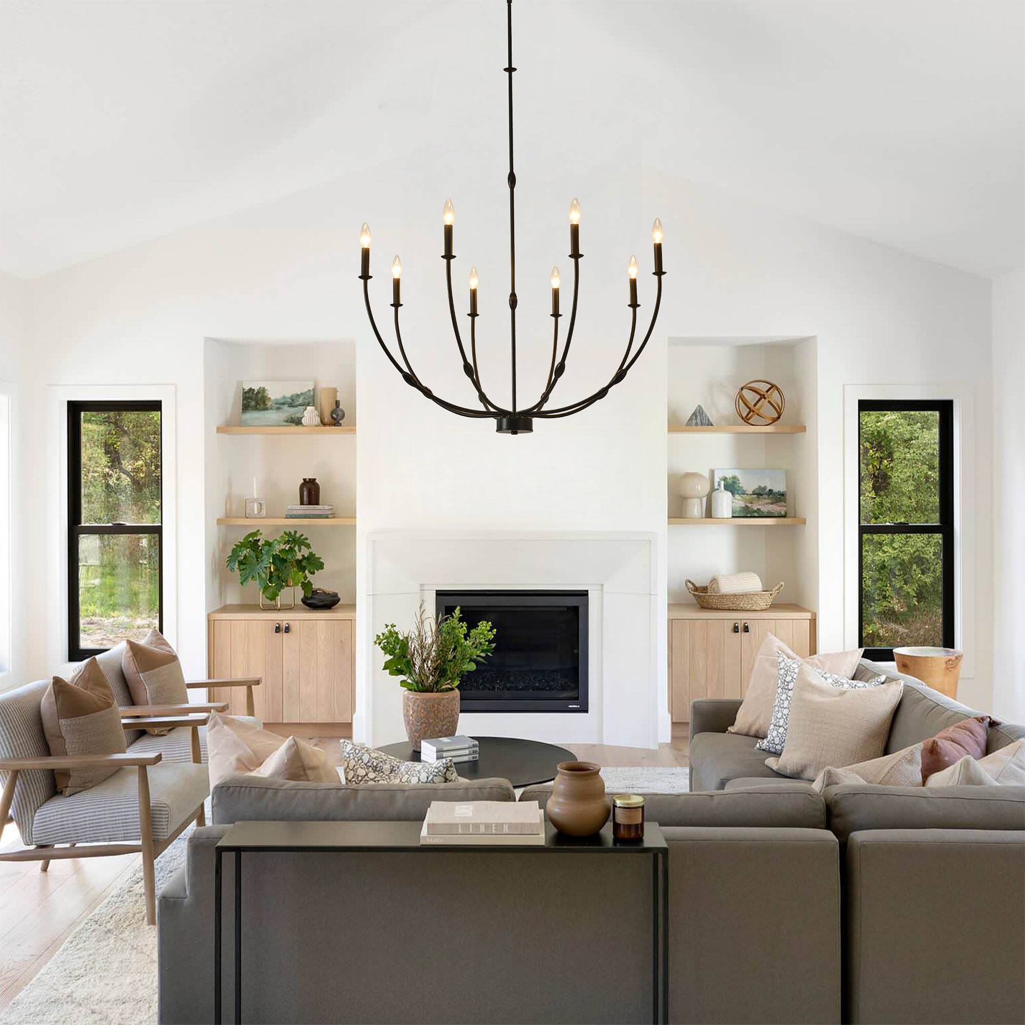 Angle. RYHNUYNE - 8-Light Black Chandelier Light Fixture, Industrial Candle Chandelier for Dining Room, Large Chandeliers for High Ceiling - Black.