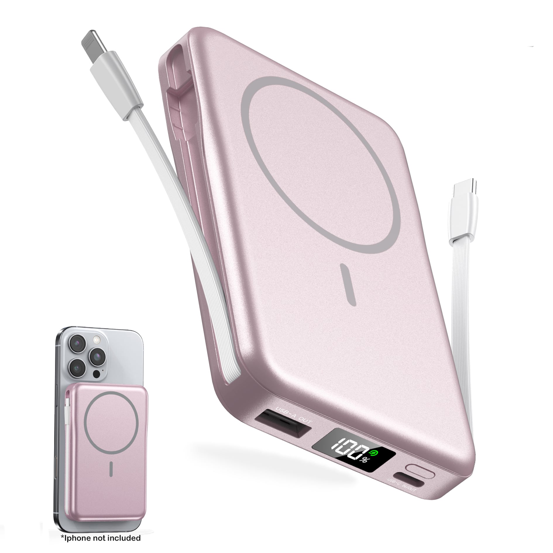 Trigiz - 10000mAh Magnetic Power Bank, 5-in-1 Built-in Cable, 20W Fast Charging for iPhone 13-17 & Samsung - Pink