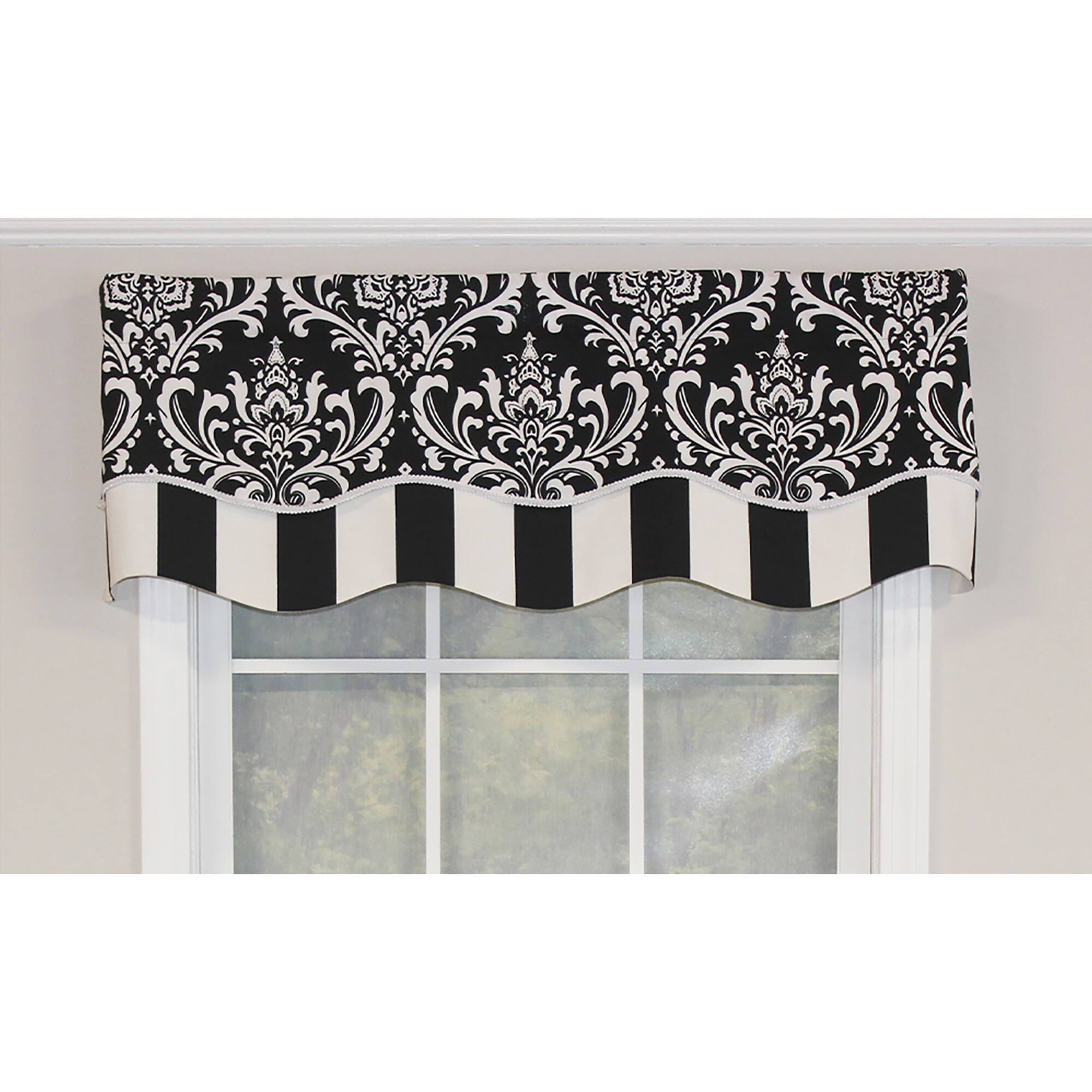 Angle. RLF Home - RLF Home Ozbourne Glory Valance Black. 3" Rod Pocket, Layered, Trimmed. 50" x 16" - Black.