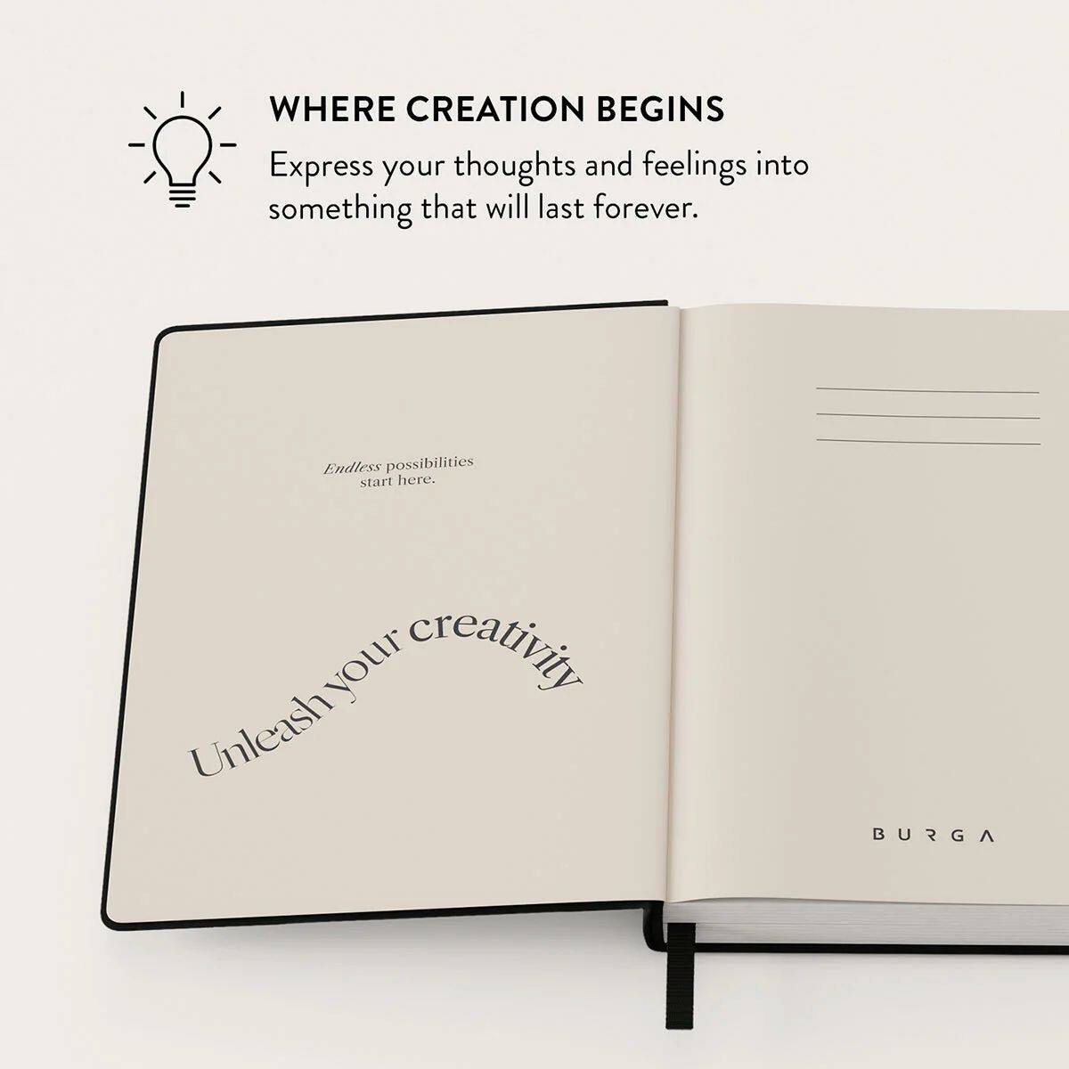 WHERE CREATION BEGINS

Express your thoughts and feelings into something that will last forever.

Endless possibilities start here.

Unleash your creativity

BURGA