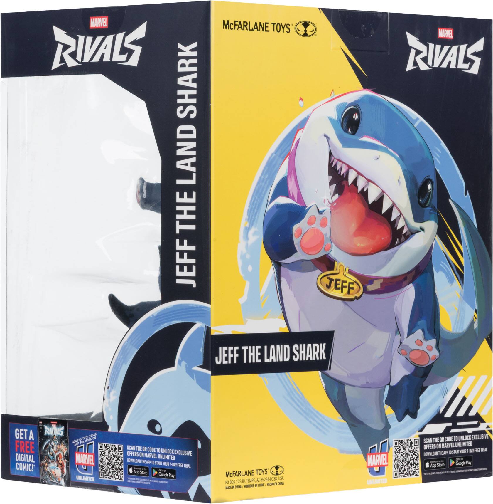 MADUA MAITO RIVALS SHARK LAND THE JEFF McFARLANE TOYS JEFF MARVEL RIVALS JEFF THE LAND SHARK GET A FREE DIGITAL MARVEL COMIC! SCAN THE CODE TO UNLOCK EXCLUSIVE OFFERS ON MARVEL UNLIMITED - DOWNLOAD THE APP AT THE APP STORE - GOOGLE PLAY