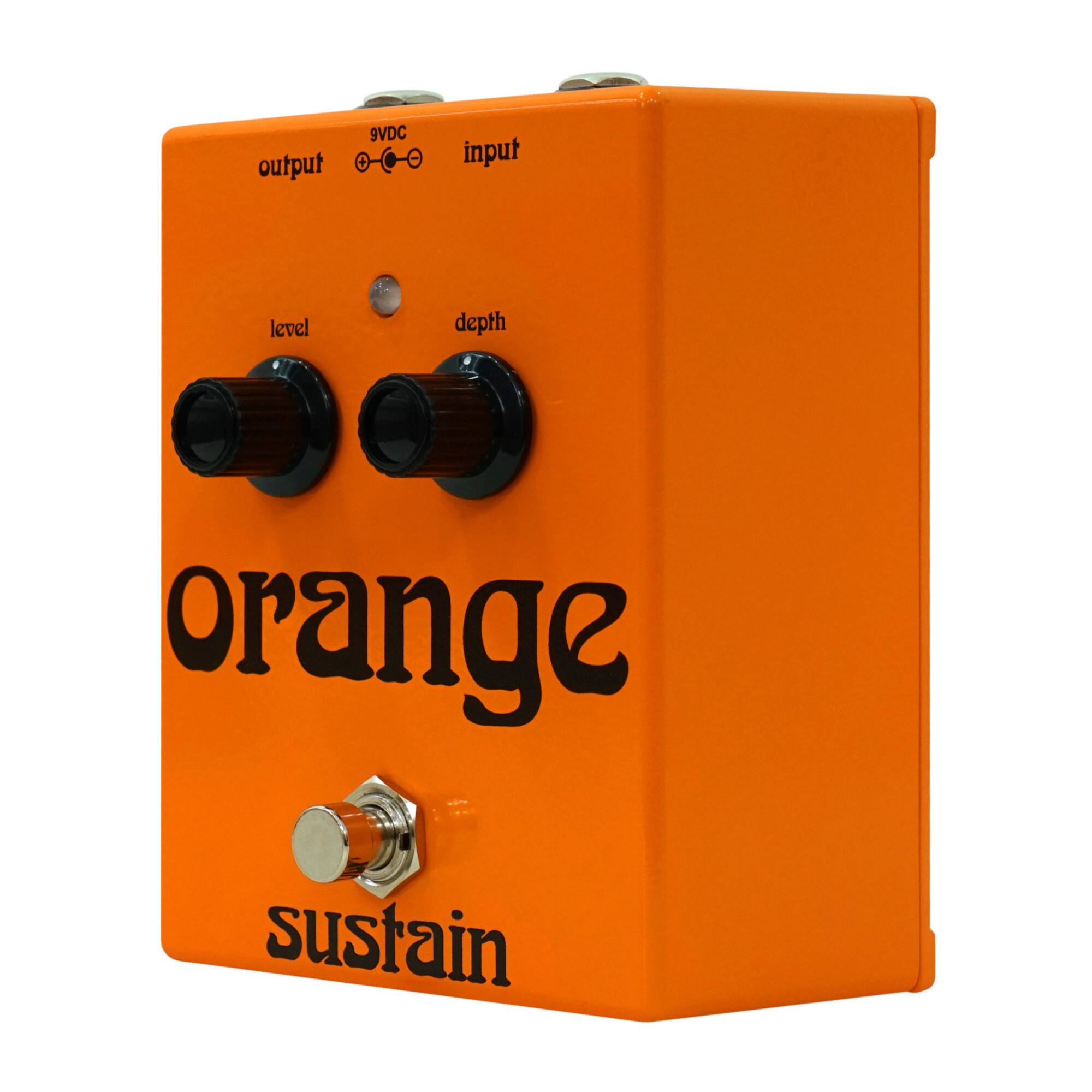 - Output
- Input (9VDC)
- Level
- Depth
- Sustain
- Orange