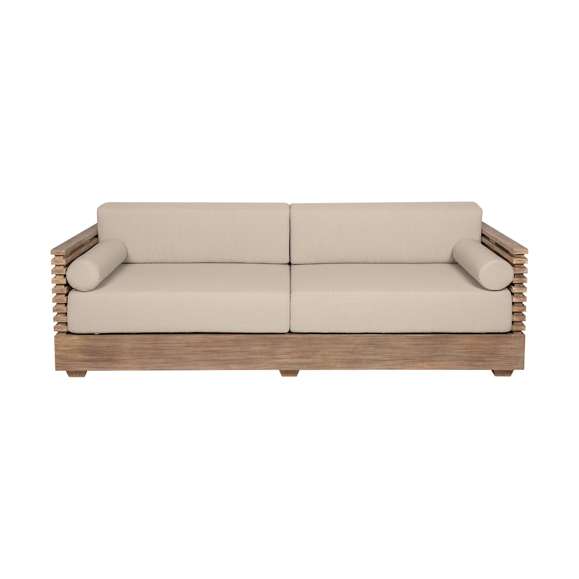 Front. Armen Living - Vivid Outdoor Patio Sofa in Light Eucalyptus Wood with Taupe Olefin Cushions - Taupe.