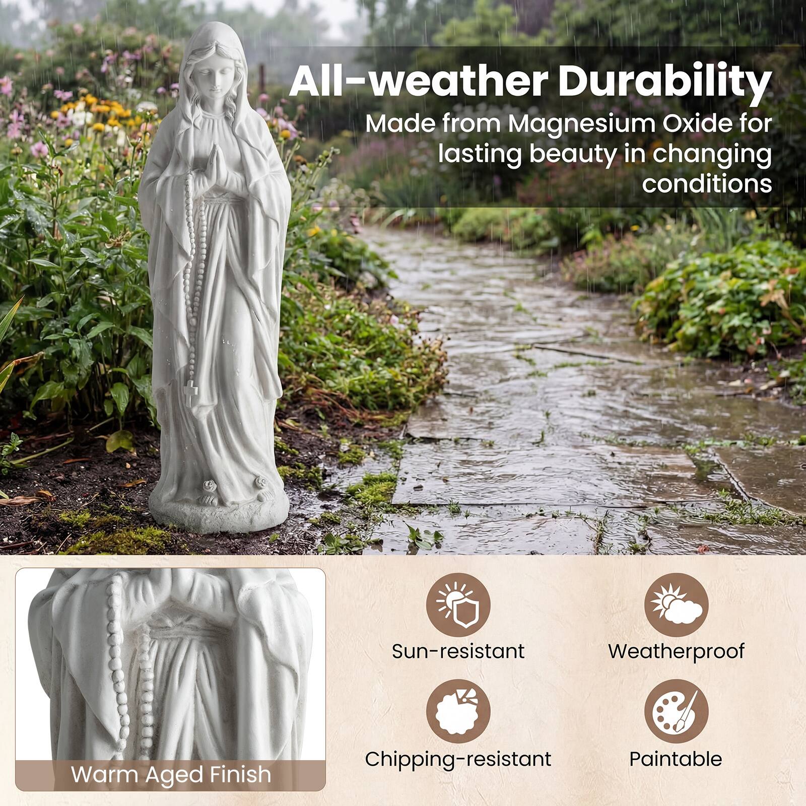 All-weather Durability  
Made from Magnesium Oxide for lasting beauty in changing conditions  

Sun-resistant  
Weatherproof  
Chipping-resistant  
Paintable  

Warm Aged Finish