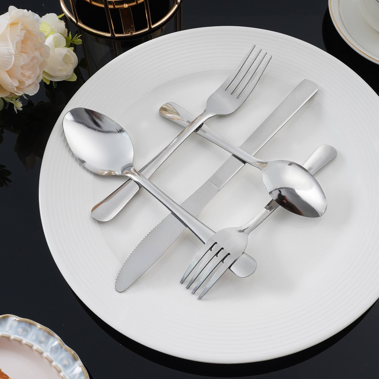 Left. Hansmart - HANSMART 60Pcs Stainless Steel Flatware Set For 12 With Dinner Forks Salad Forks Spoons and Knives Dishwasher Safe - Silver.