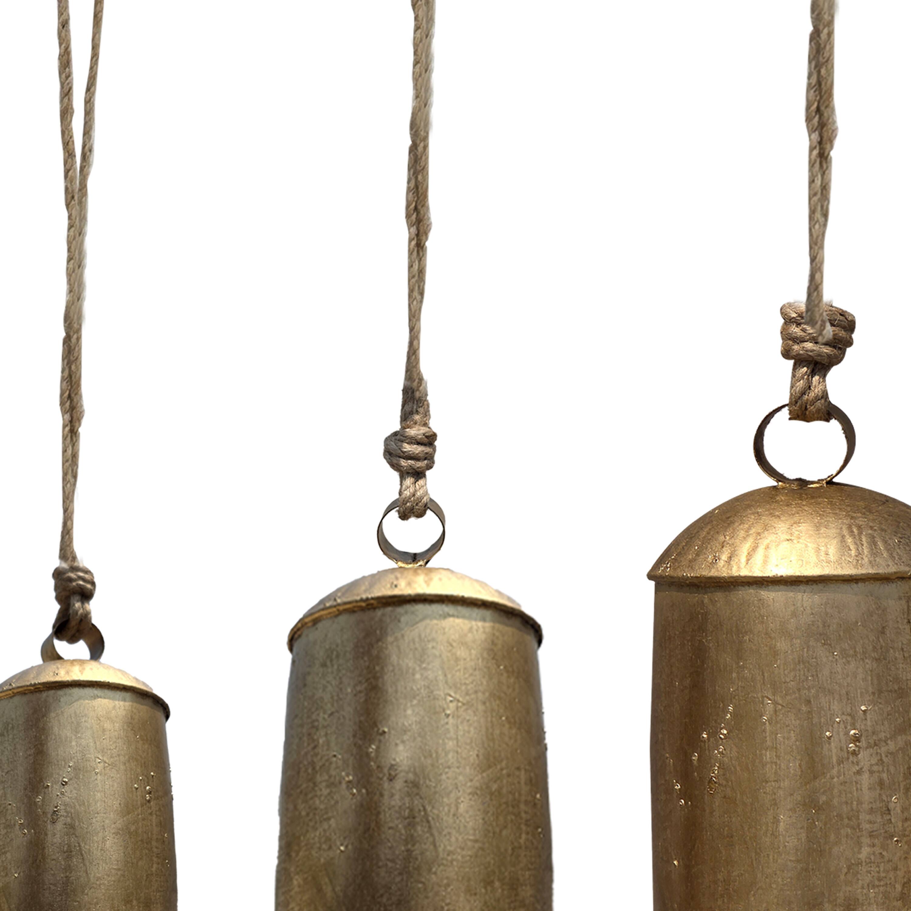 Alt View 2. Manhattan Lane - Zaira Decorative Iron Cow Bells Set of 3 | Cylindrical | Antique Gold Finish| Jute Hanging Rope | 20, 15, 12 Inches - Gold.