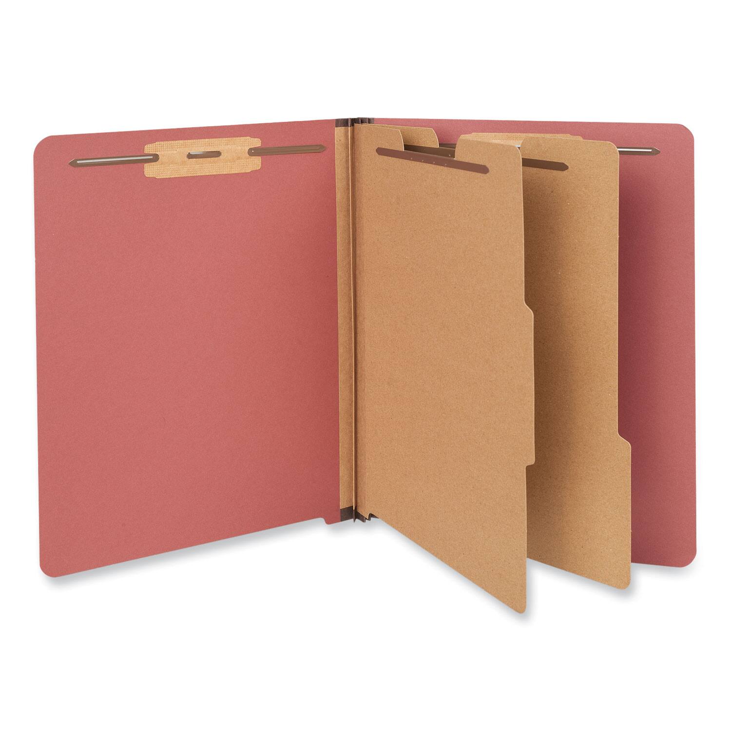Angle. Universal - Red Pressboard End Tab Classification Folders, 2" Expansion, 2 Dividers, 6 Fasteners, Letter Size, Red Exterior, 10/Box.