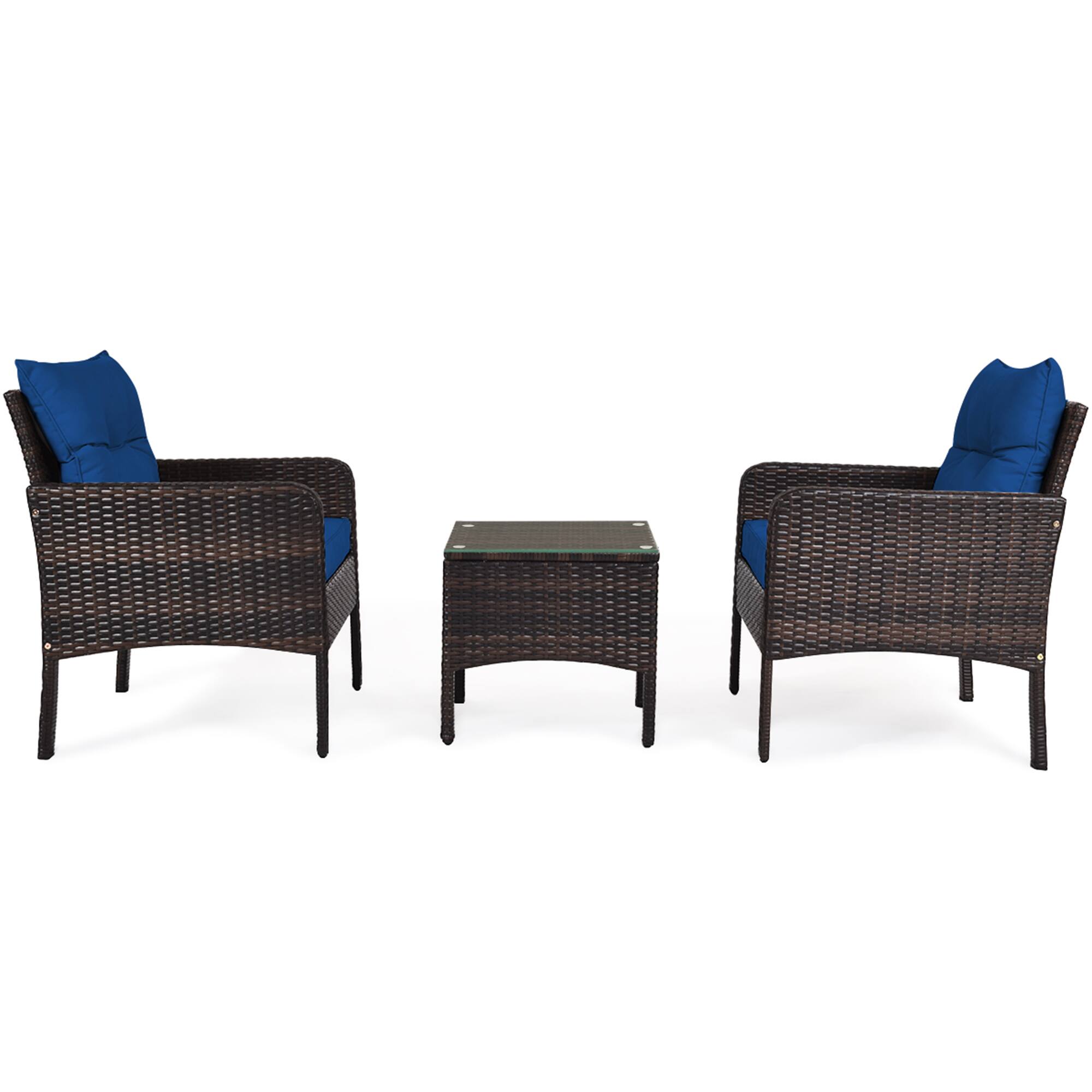 Alt View 8. Gymax - Gymax 3PCS Rattan Patio Conversation Furniture Set Yard Outdoor w/ Navy Cushions - Navy.