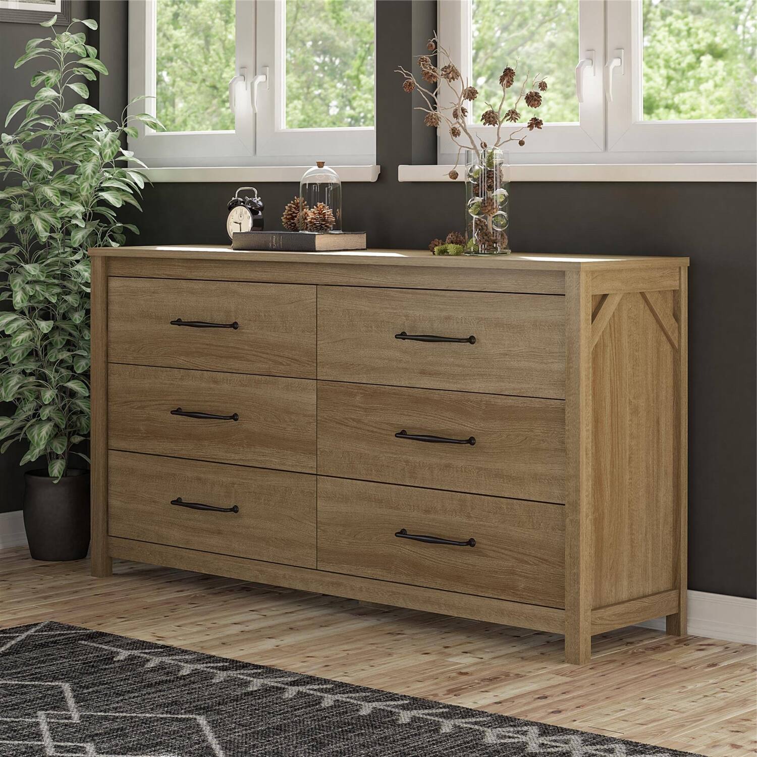 Alt View 1. Hivvago - Rustic Farmhouse 6-Drawer Dresser in Natural Wood Finish - Natural.