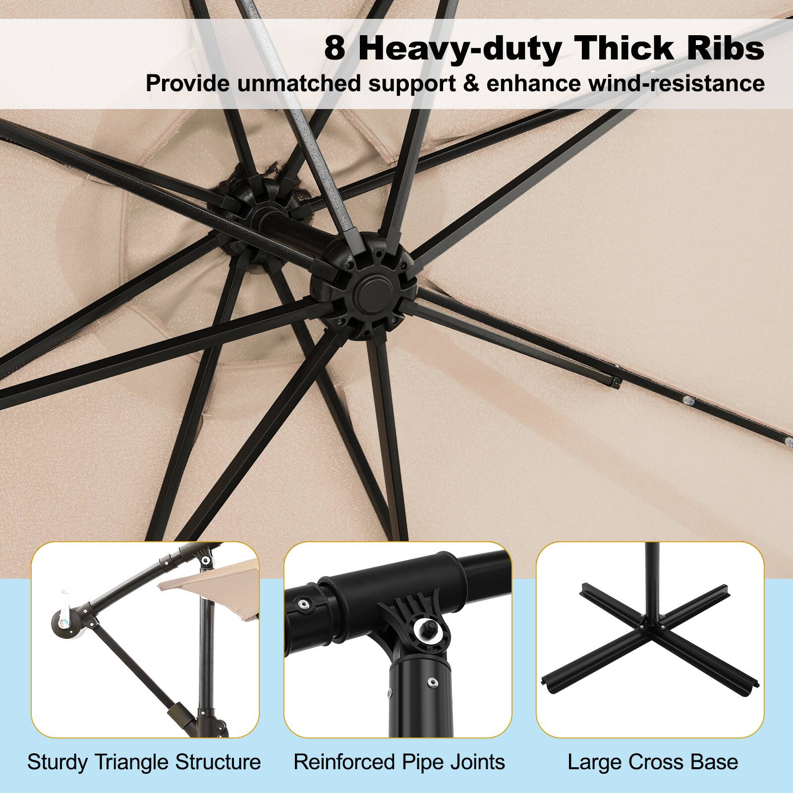 The image features a large umbrella with a sturdy triangle structure and reinforced pipe joints. The umbrella is designed to provide unmatched support and enhance wind resistance, making it a durable and reliable choice for outdoor use. The large cross base ensures stability on various surfaces, providing a comfortable and secure experience for users.