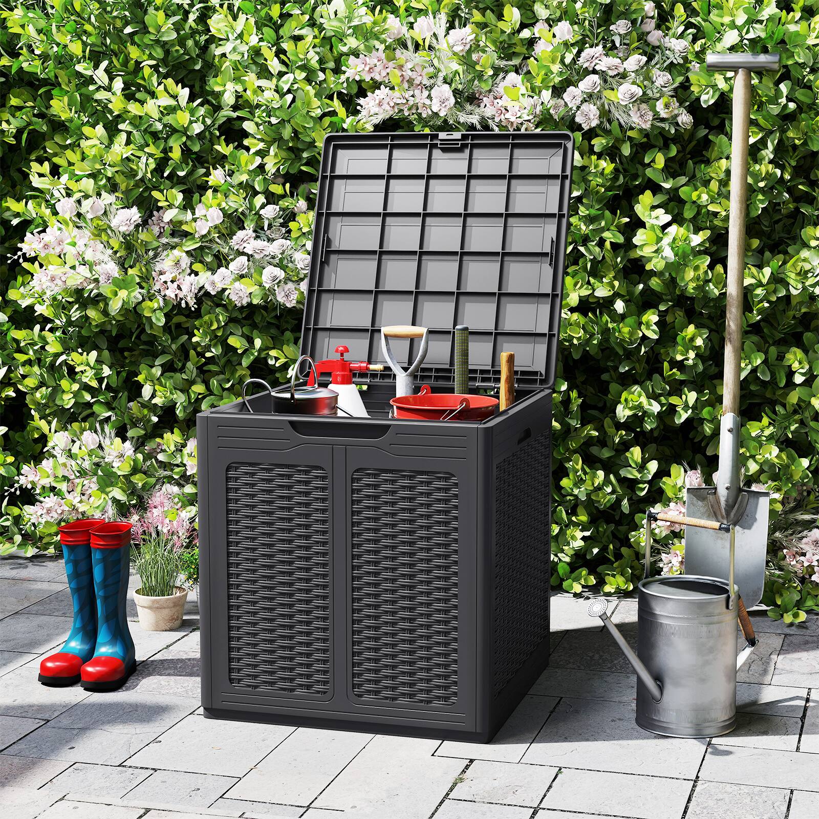 Alt View 3. Costway - Costway 39 Gallon Outdoor Storage Box with Rattan Patterns & Lockable Lid for Garden Tools - Brown.