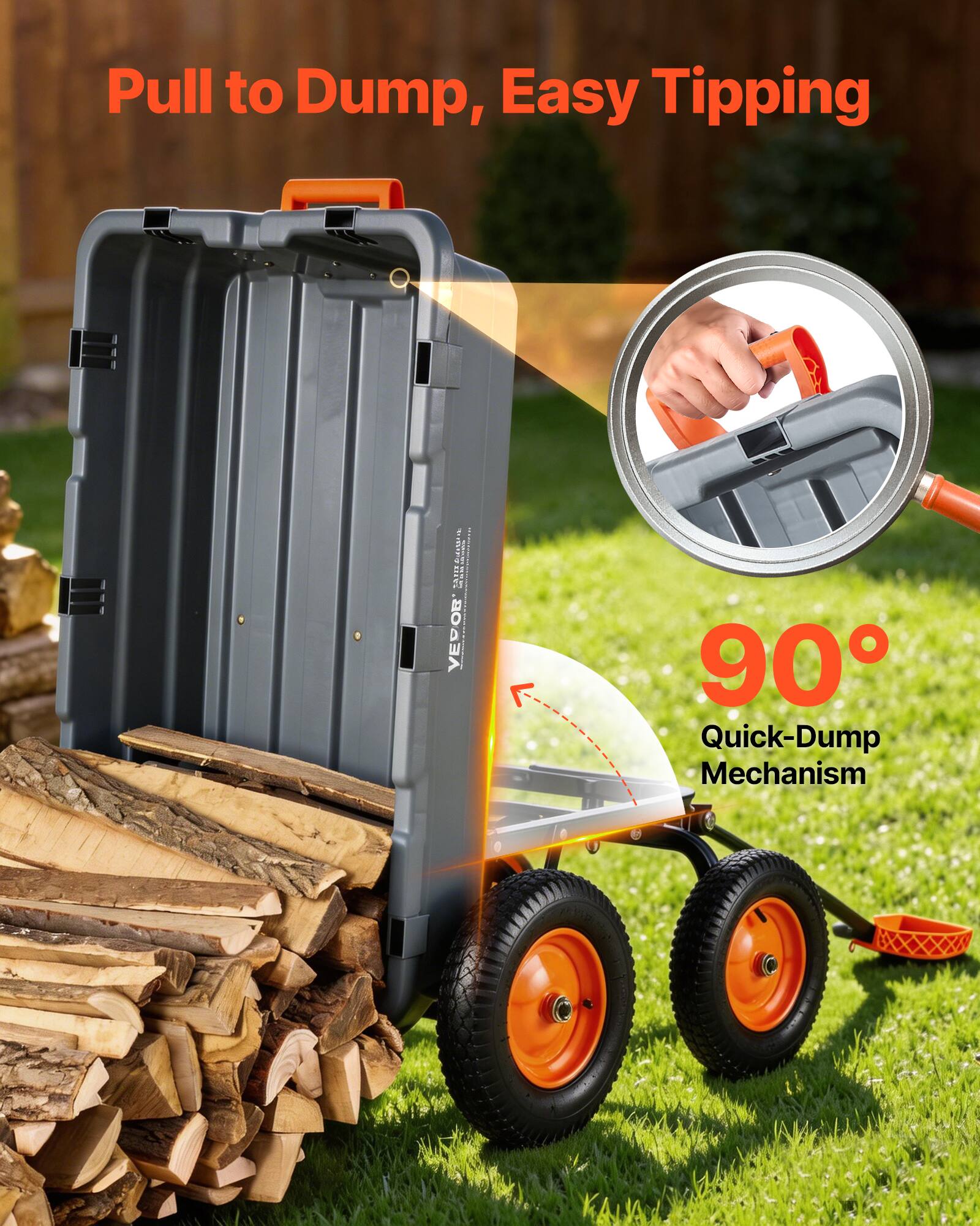 Pull to Dump, Easy Tipping  
90° Quick-Dump Mechanism