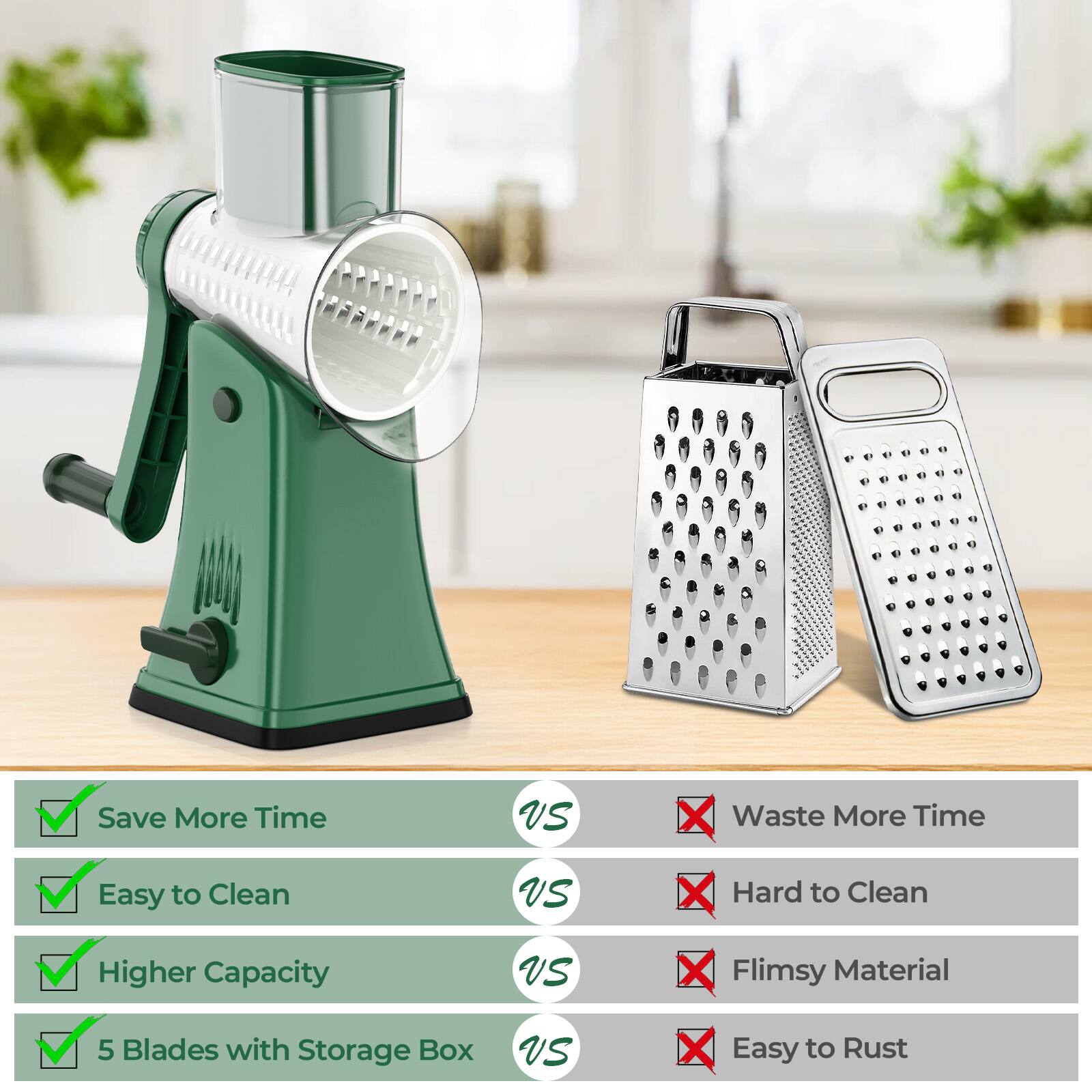 - Save More Time VS Waste More Time
- Easy to Clean VS Hard to Clean
- Higher Capacity VS Flimsy Material
- 5 Blades with Storage Box VS Easy to Rust