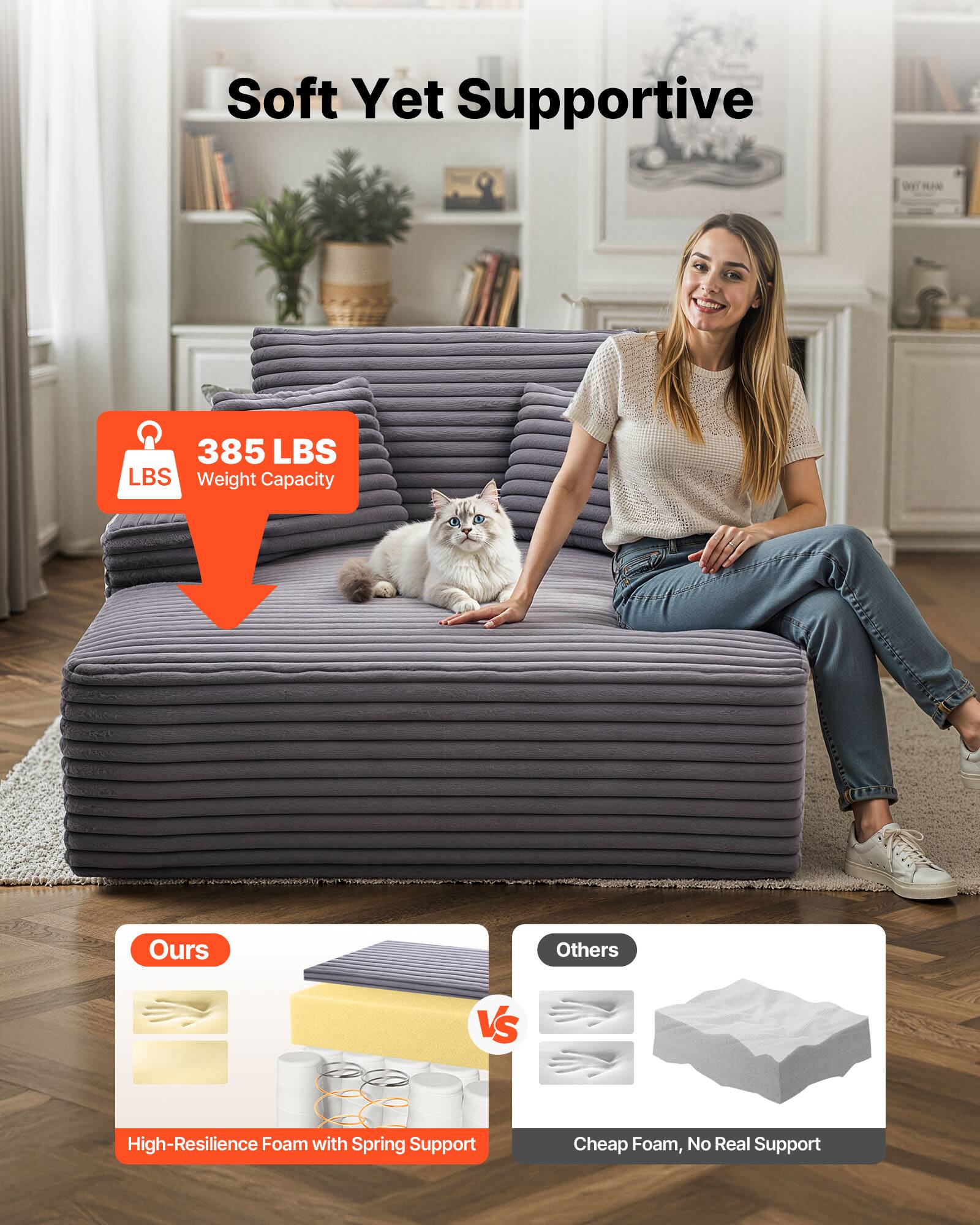 Soft Yet Supportive

385 LBS Weight Capacity

Ours vs Others

Ours: High-Resilience Foam with Spring Support

Others: Cheap Foam, No Real Support