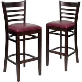 Emma + Oliver - Bar Stools | Set of 2 Wood Bar Stools with Back - Burgundy Vinyl Seat/Walnut Wood Frame