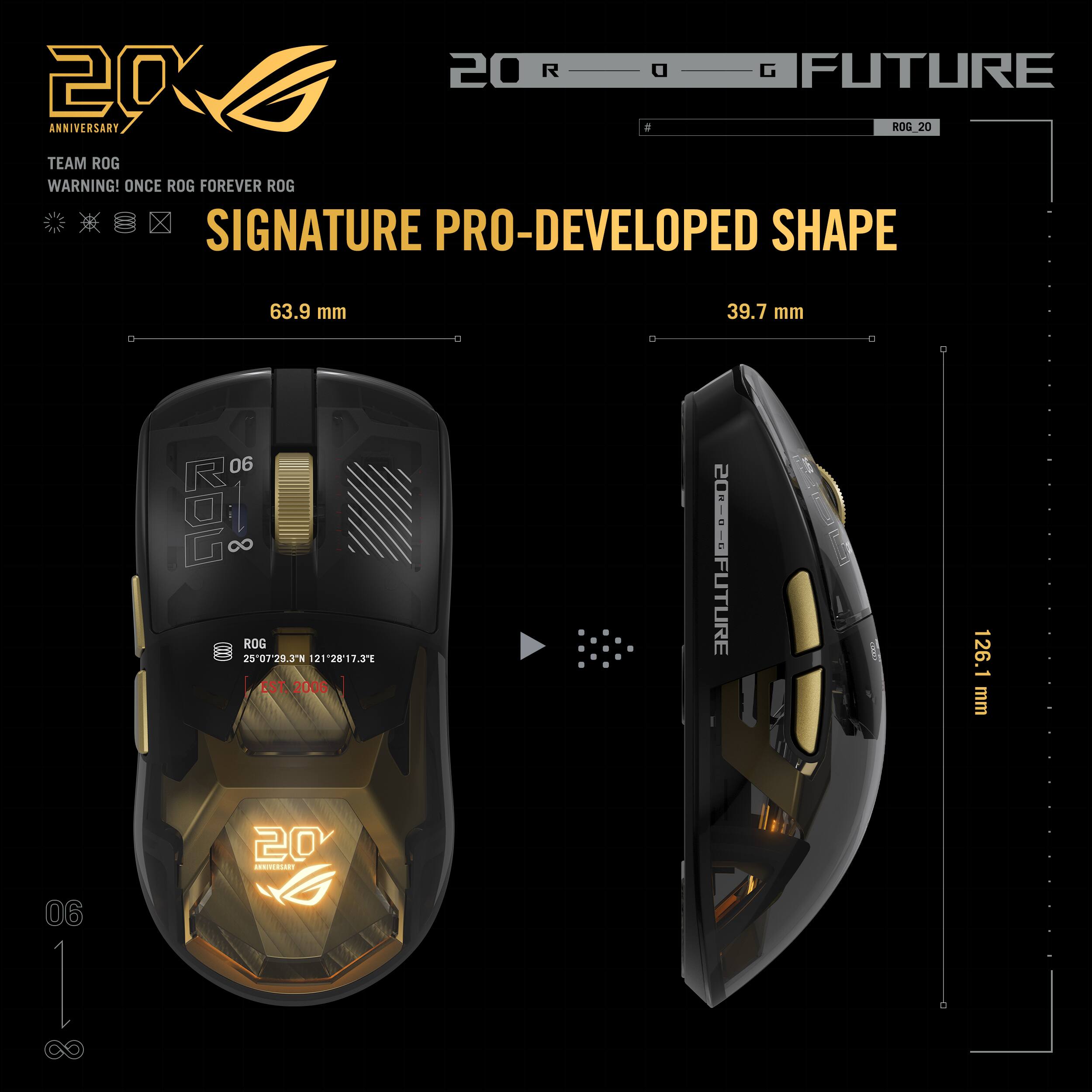 20th Anniversary  
Team ROG  
Warning! Once ROG Forever ROG  
Signature Pro-Developed Shape  
63.9 mm  
39.7 mm  
126.1 mm  
ROG 20  
ROG Future  
EST. 2006