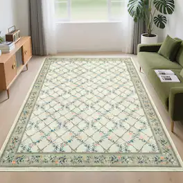 GARVEE - Modern Floral Geometric Area Rug Artistic Blossom Foldable Non Slip Soft Machine Washable Rug for Living Room Bedroom - Green Beige