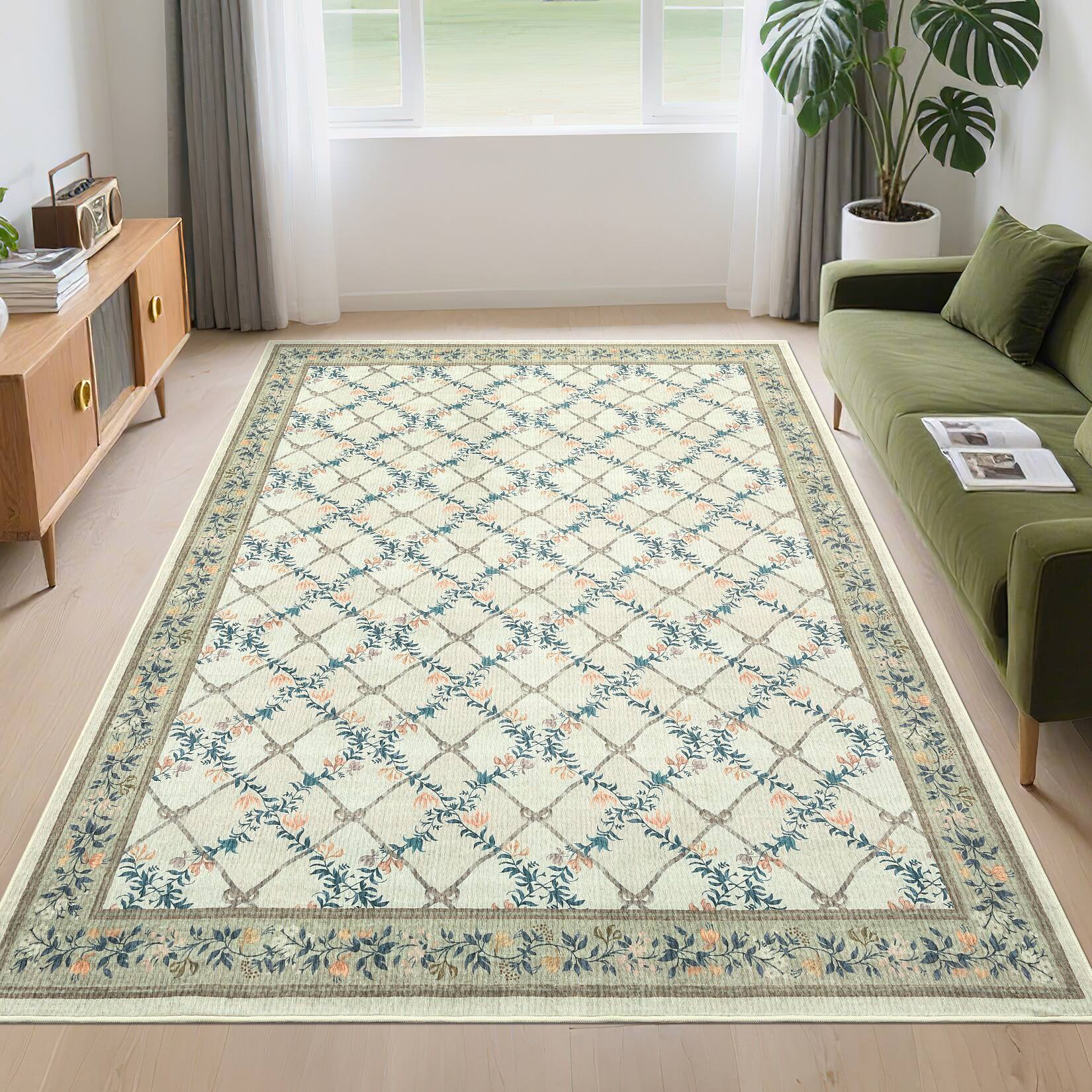 Angle. Acekool - Modern Floral Print Geometric Area Rug Machine Washable Non-Slip Stain Resistant Carpet for Bedroom Dining Room - Green Beige.