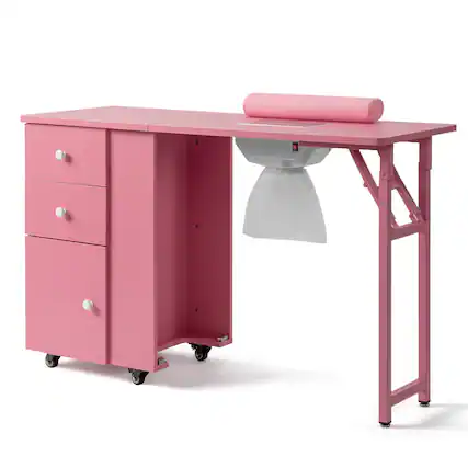 Front. Winado - Space Saving Foldable Nail Tech Desk w/Electric Dust Collector & Lockable Wheels - Pink.