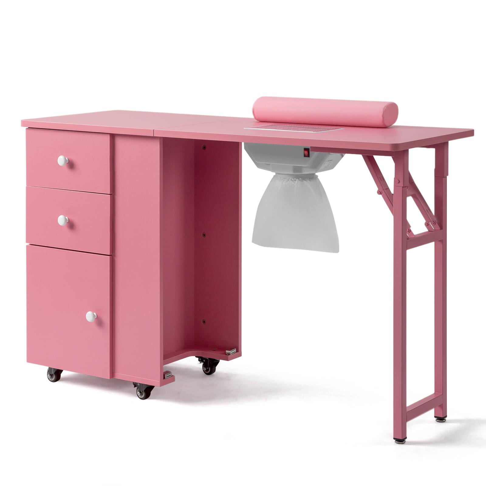 Front. Winado - Space Saving Foldable Nail Tech Desk w/Electric Dust Collector & Lockable Wheels - Pink.