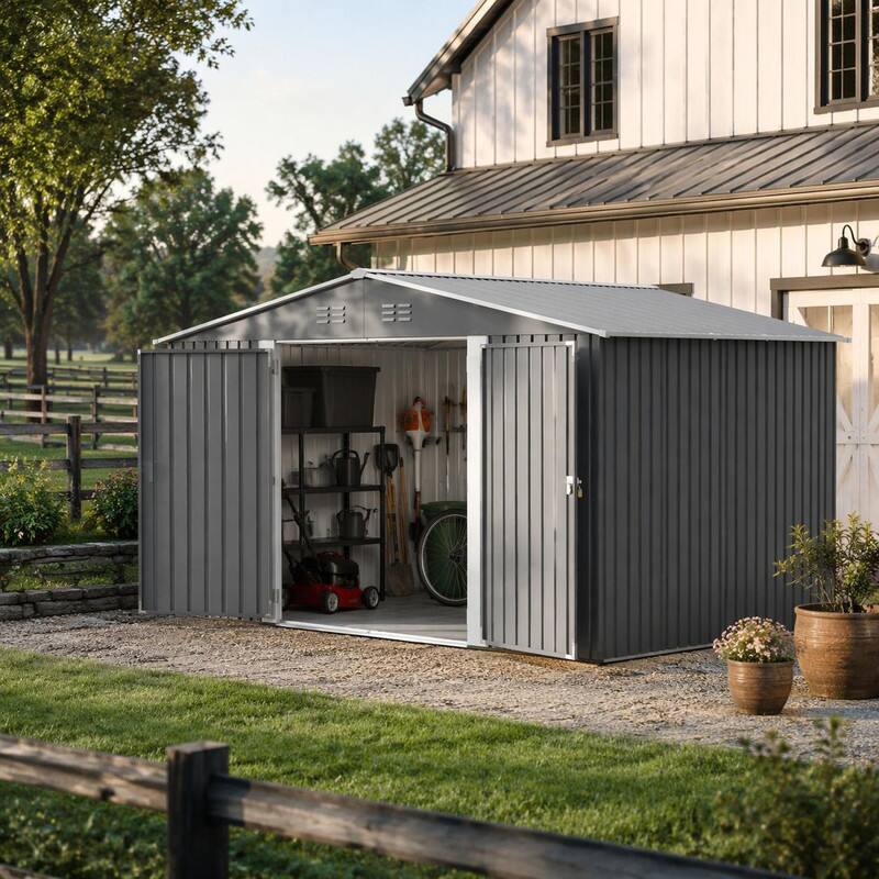 Angle. RYHNUYNE - 12x14 ft Metal Shed Large Garden Tool House Lockable Doors Weatherproof Light Gray - Gray.