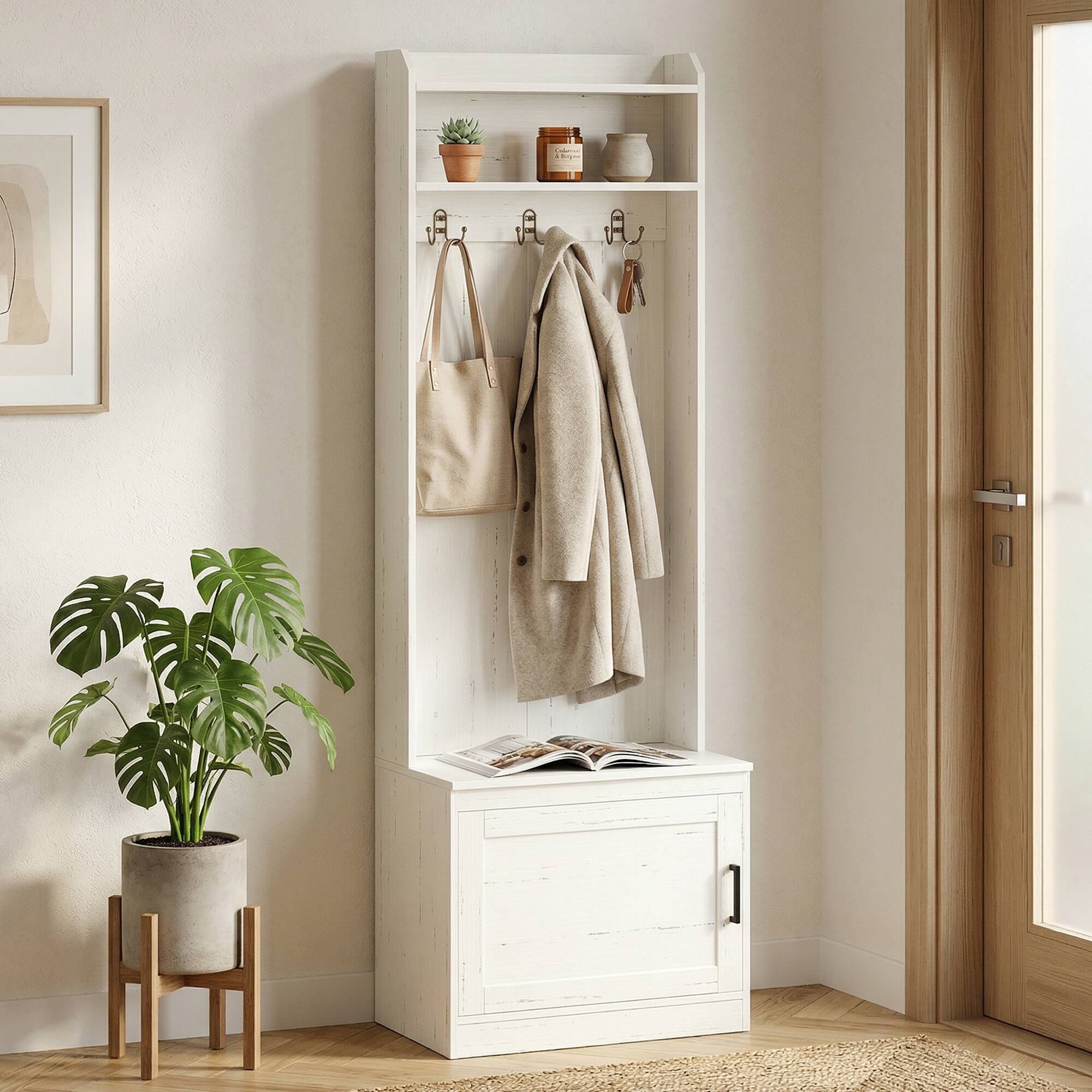 Alt View 1. Homcom - Rustic Hall Tree with Shoe Storage Bench and Coat Rack - White.