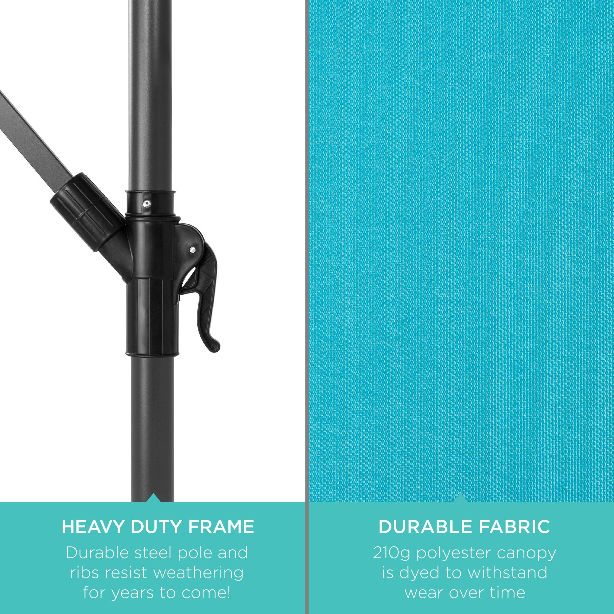 HEAVY DUTY FRAME  
Durable steel pole and ribs resist weathering for years to come!

DURABLE FABRIC  
210g polyester canopy is dyed to withstand wear over time