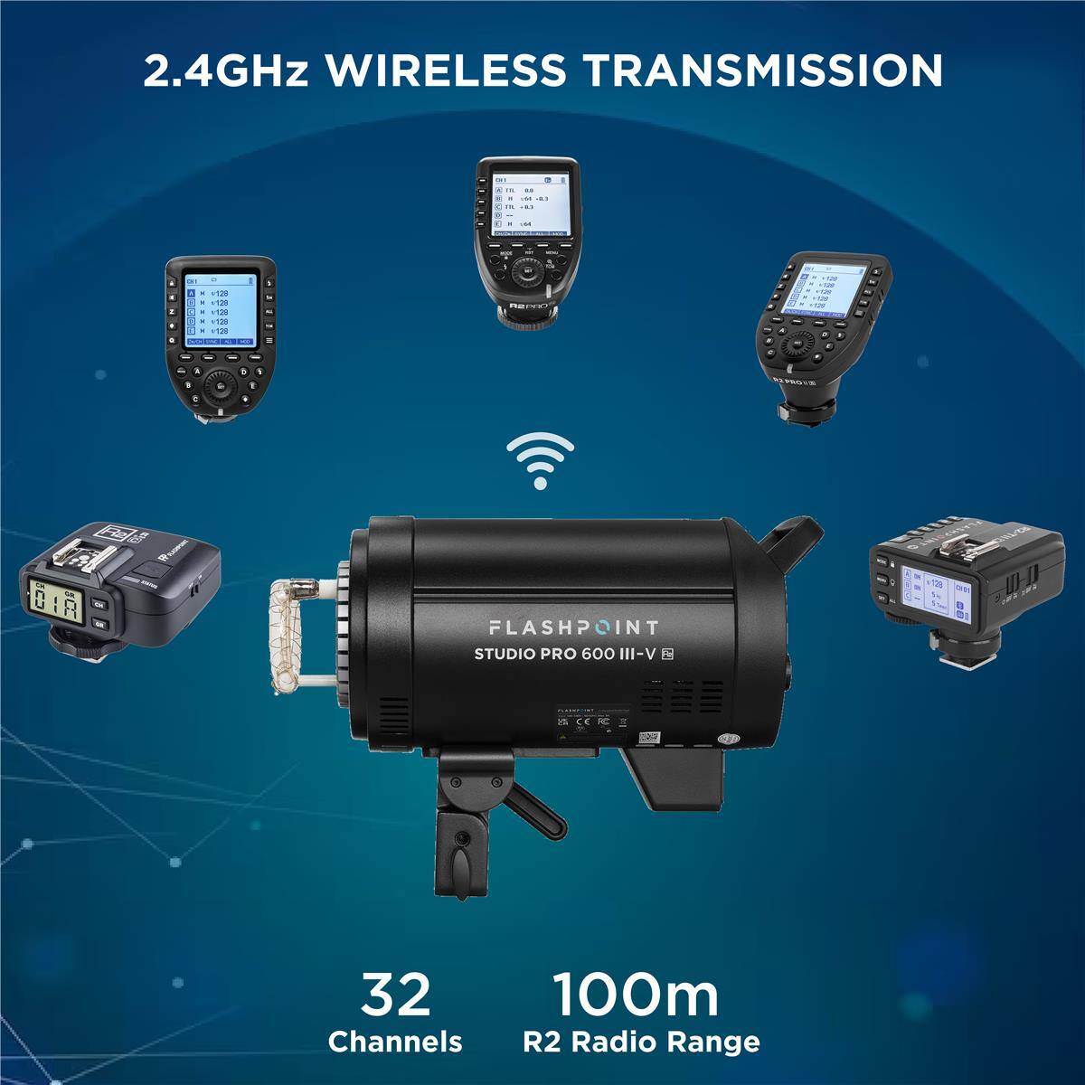 2.4GHz WIRELESS TRANSMISSION

FLASHPOINT STUDIO PRO 600 III-V

32 Channels

100m R2 Radio Range