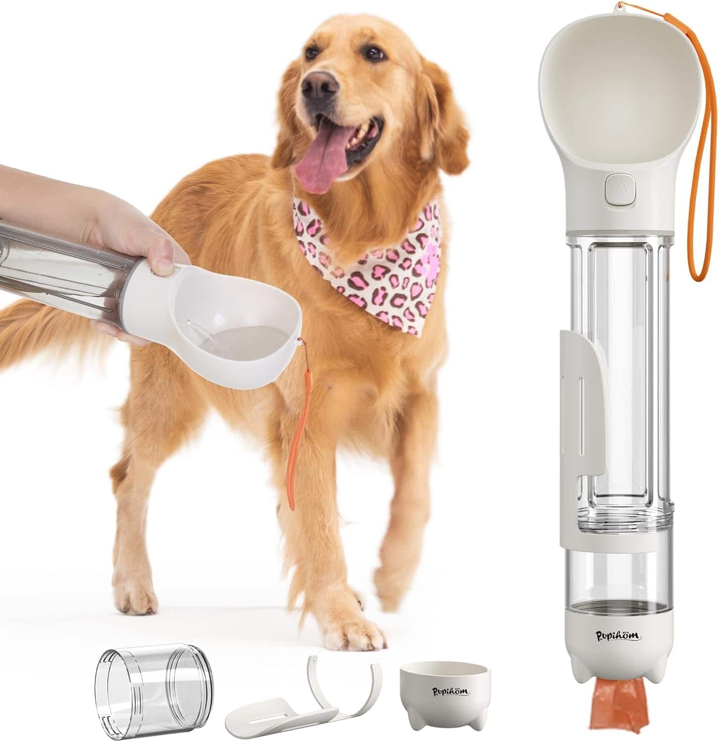 PUPIHOM - Dog Travel Water Bottle & Food Dispenser- Portable Travel Dispenser w/ Leak-Proof Bowl w/ Poop Bag Length 15.55" - Eggshell White
