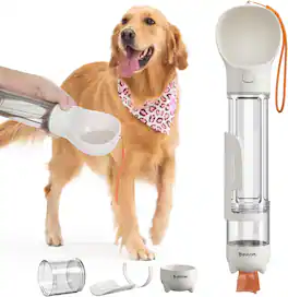 PUPIHOM - Dog Travel Water Bottle & Food Dispenser- Portable Travel Dispenser w/ Leak-Proof Bowl w/ Poop Bag Length 15.55" - Eggshell White