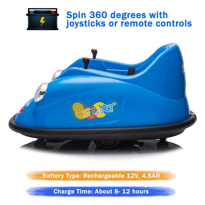 Spin 360 degrees with joysticks or remote controls

Battery Type: Rechargeable 12V, 4.5AH

Charge Time: About 8-12 hours