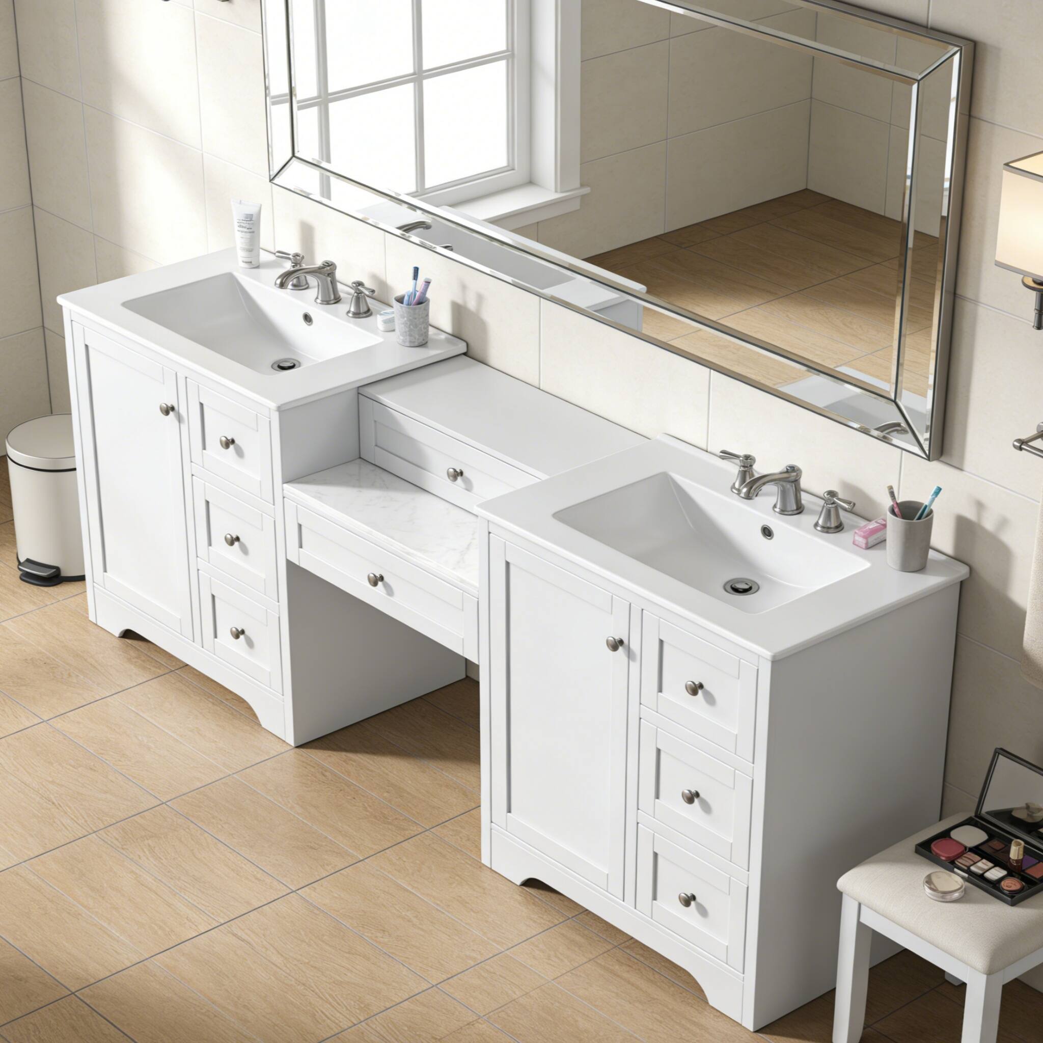 Alt View 1. Loheer - 7 ft Double Sink Bathroom Vanity with Engineered Stone Top, 6 Drawers, Soft Close - White.