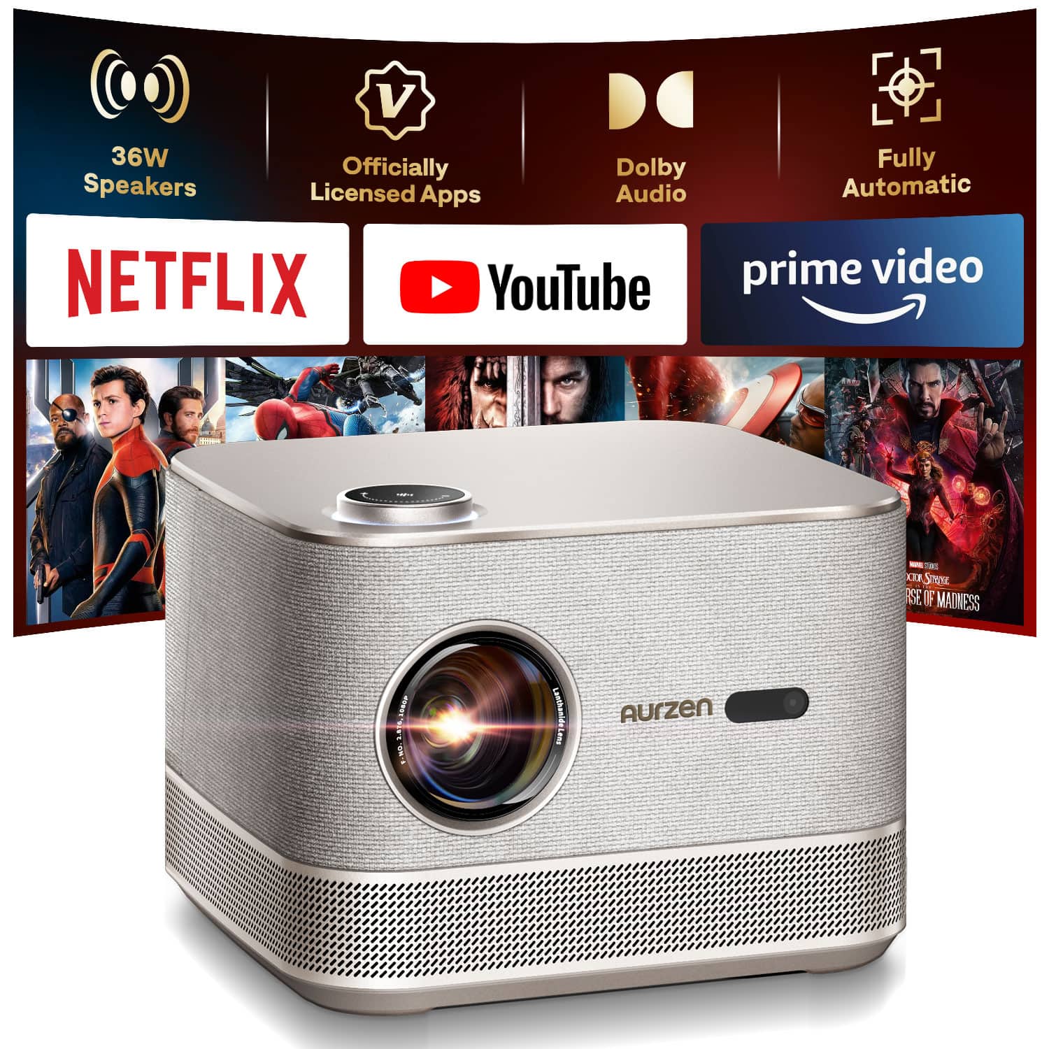 Aurzen - Smart Projector, 36W Speakers & DoIby Audio, Auto Focus Keystone, Netflix License 500 ANSI, Native 1080p - Gold