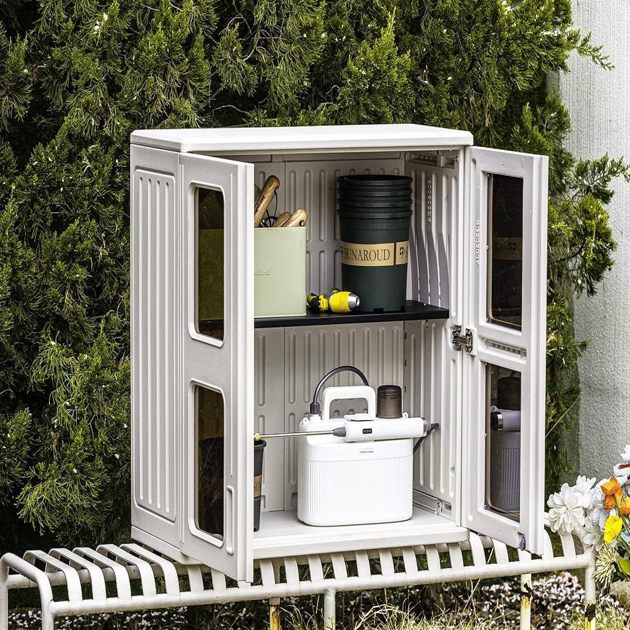 Left. Decksplore - Outdoor Storage Cabinet Waterproof Laundry Room Wall Mounted Cabinets,Outdoor Storage Box with Doors and Shelves - White.